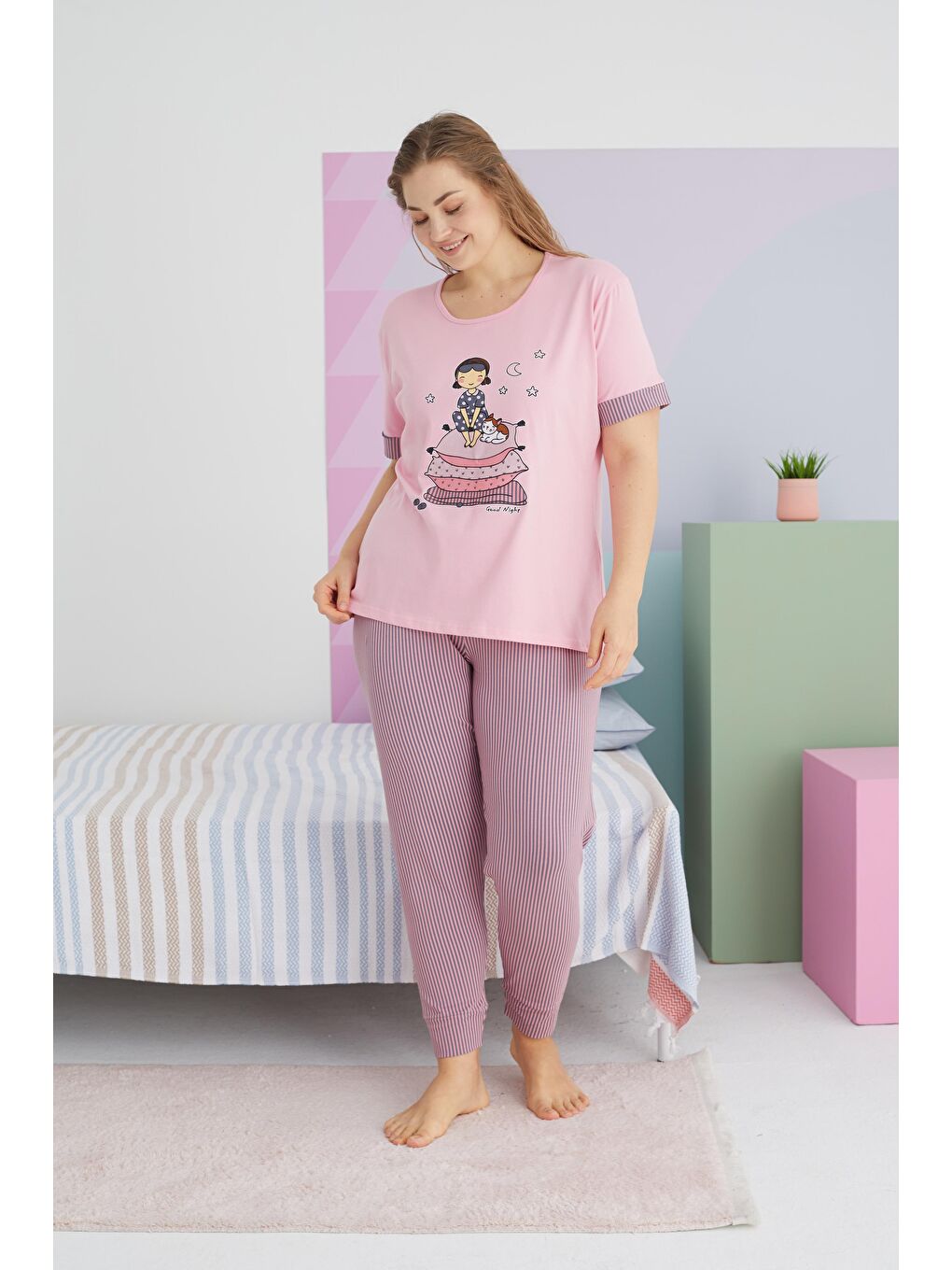 SİYAH İNCİ Pembe Curve Büyük Beden Battal Boy Pamuklu Örme Pijama Takımı