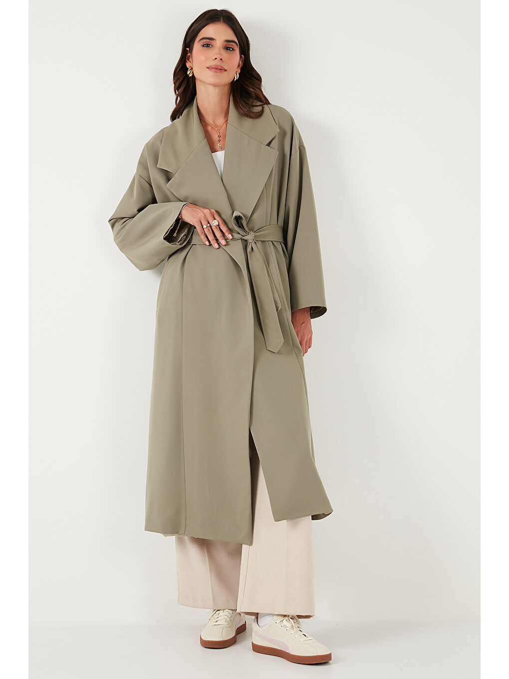 Haki Oversize Fit Kruvaze Yaka Kuşaklı Astarlı Trençkot 6839617-2