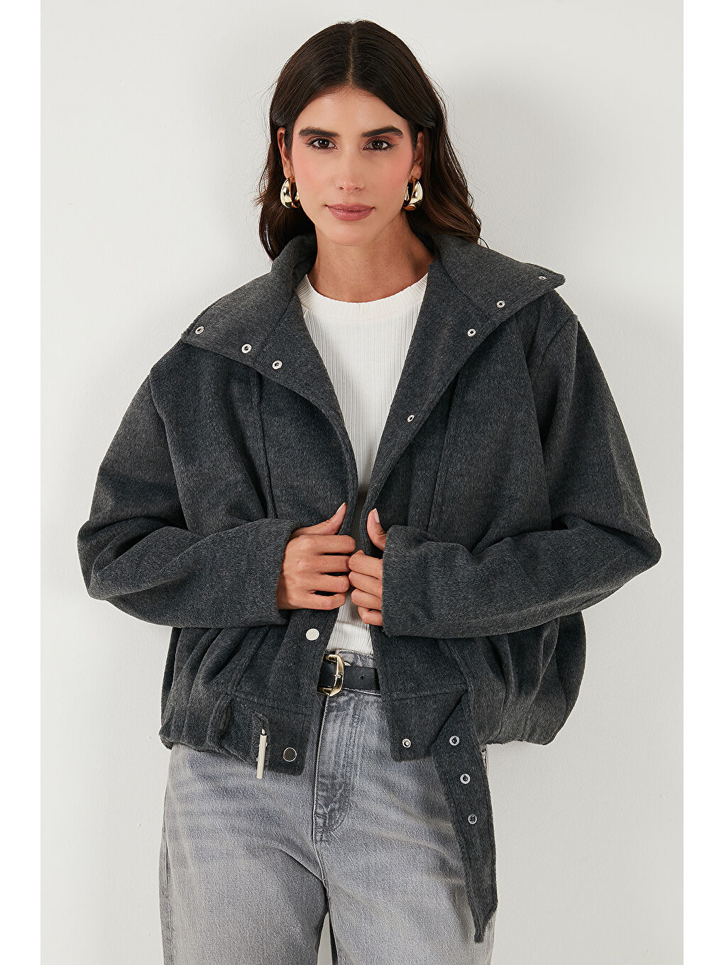 Antrasit Pamuk Karışımlı Oversize Kemer Detaylı Astarlı Kısa Kaşe Kaban 6839657-2