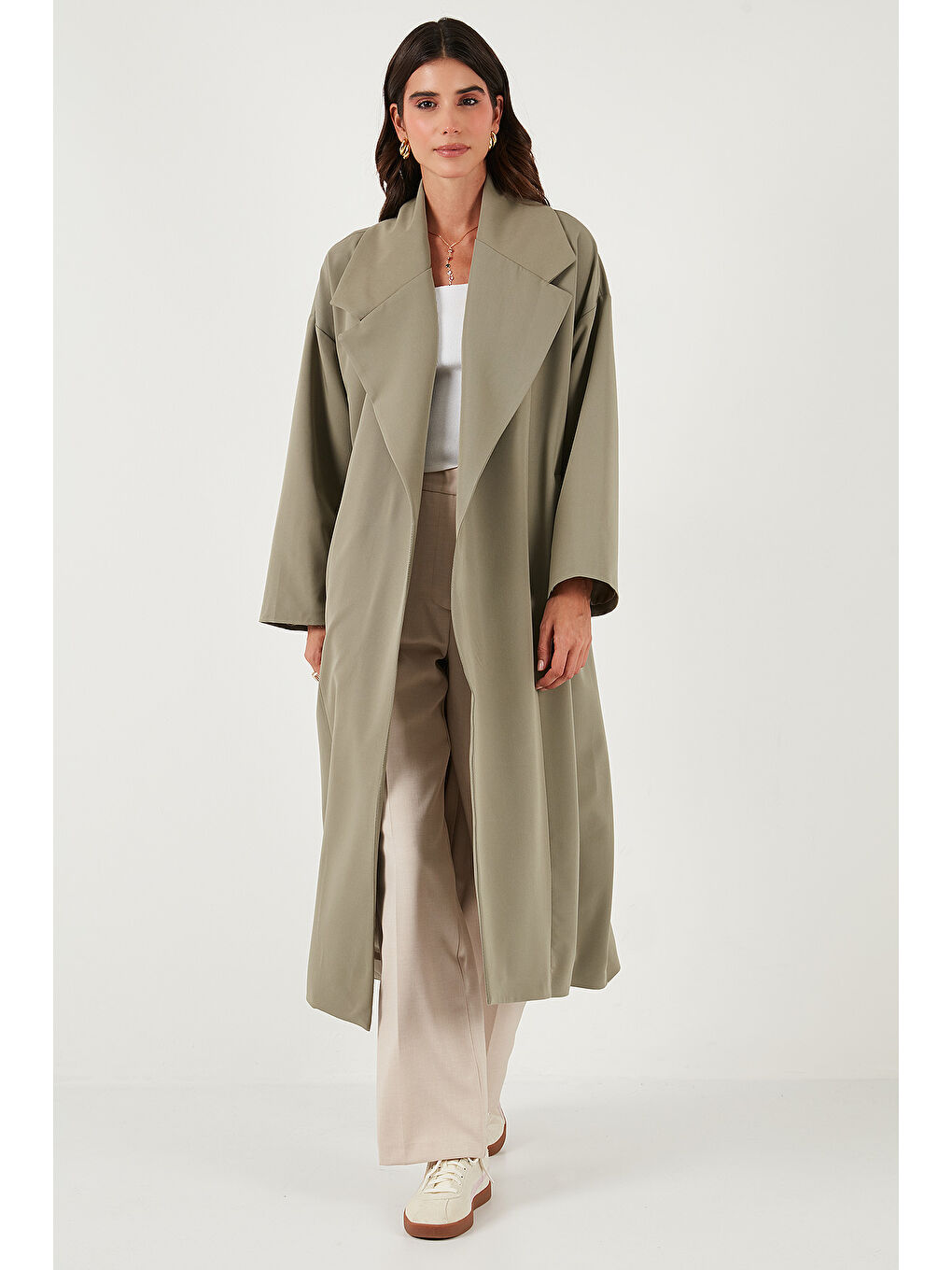 Haki Oversize Fit Kruvaze Yaka Kuşaklı Astarlı Trençkot 6839617-4