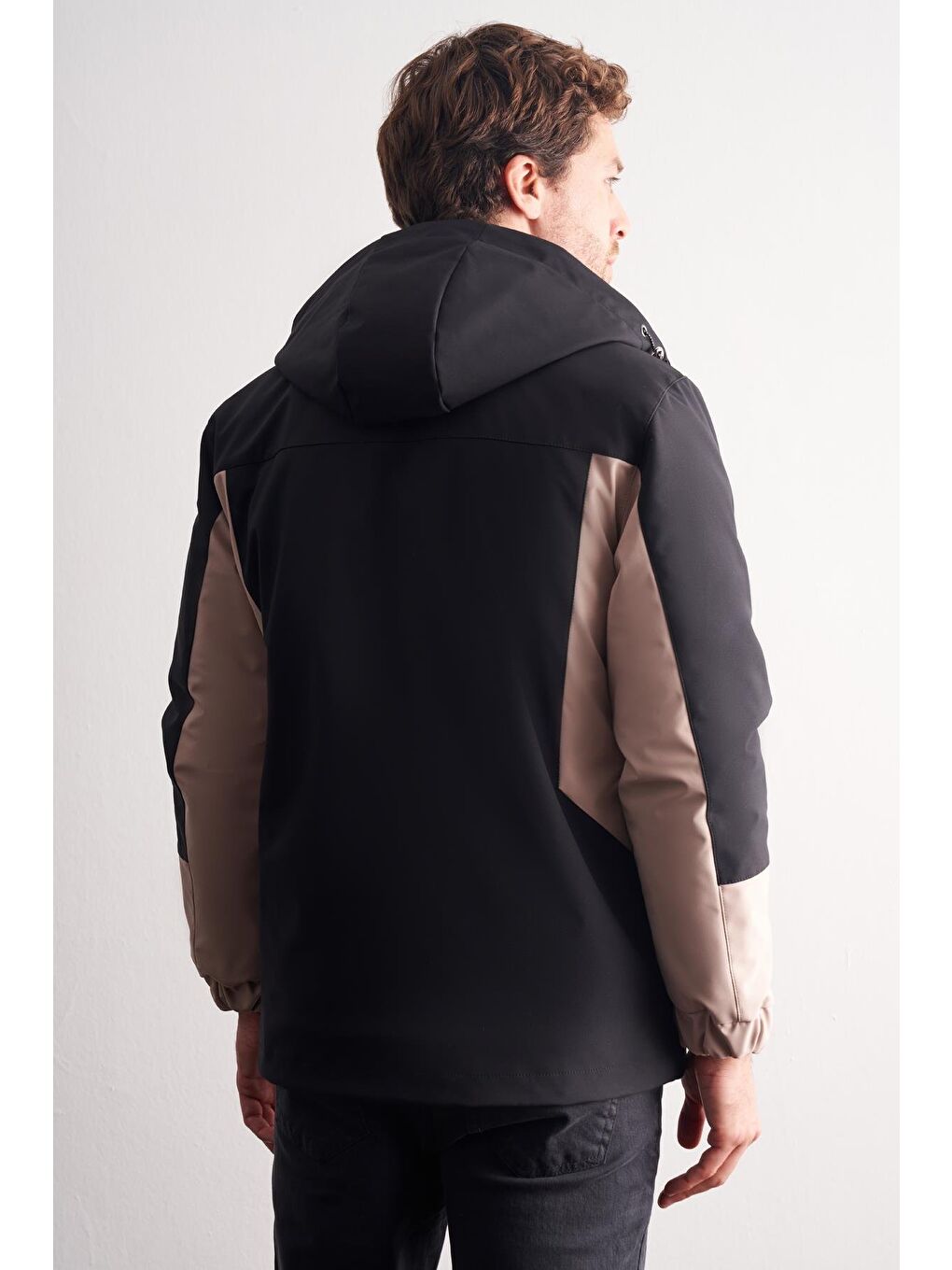 Siyah - Bej Kapüşonlu Yaka Bondid Yırtmaçsız Casual Mont 1007255134-4