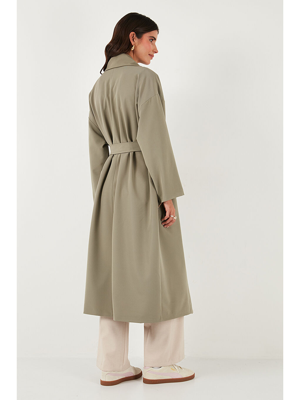 Haki Oversize Fit Kruvaze Yaka Kuşaklı Astarlı Trençkot 6839617-6