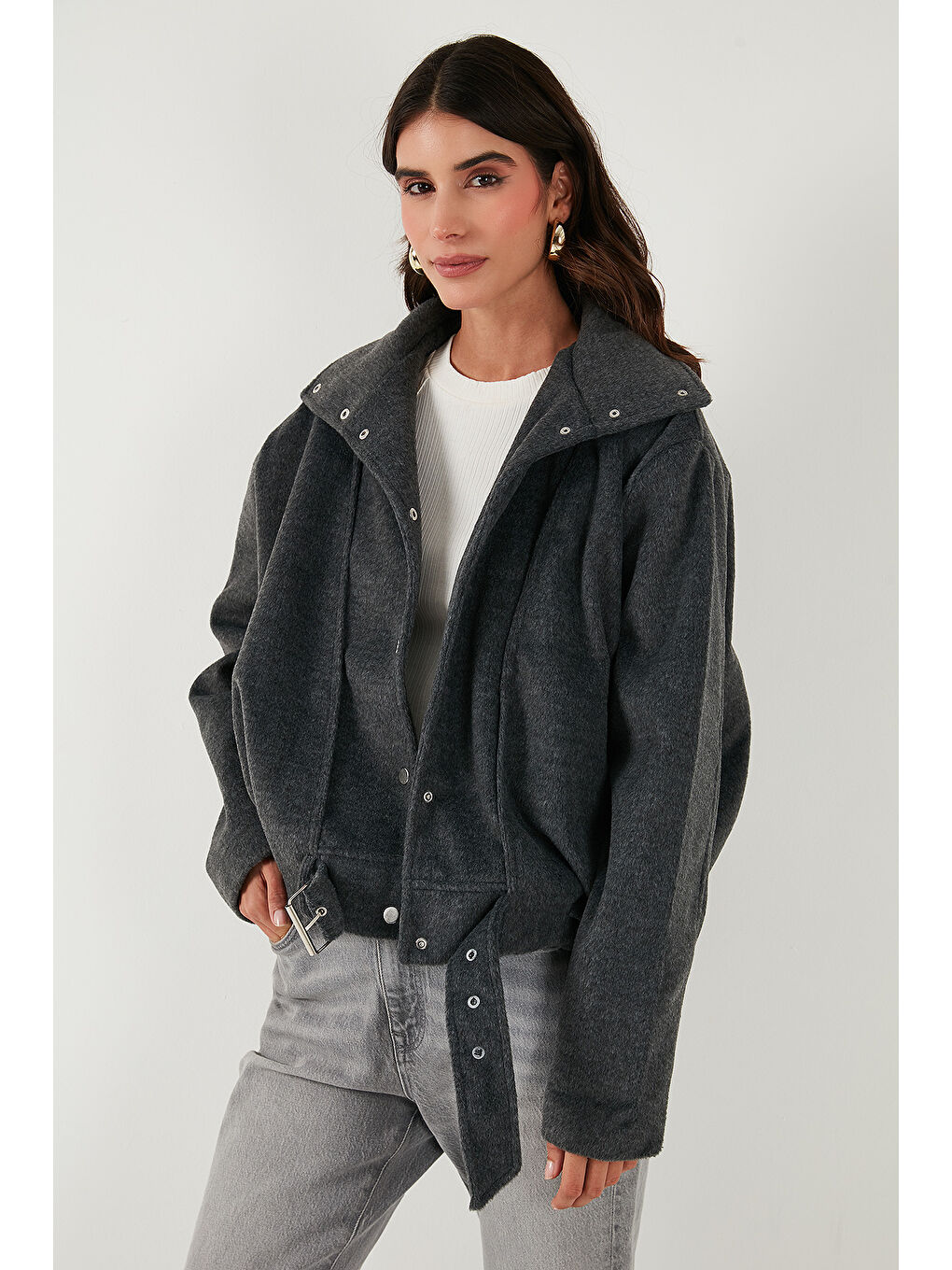 Antrasit Pamuk Karışımlı Oversize Kemer Detaylı Astarlı Kısa Kaşe Kaban 6839657-4