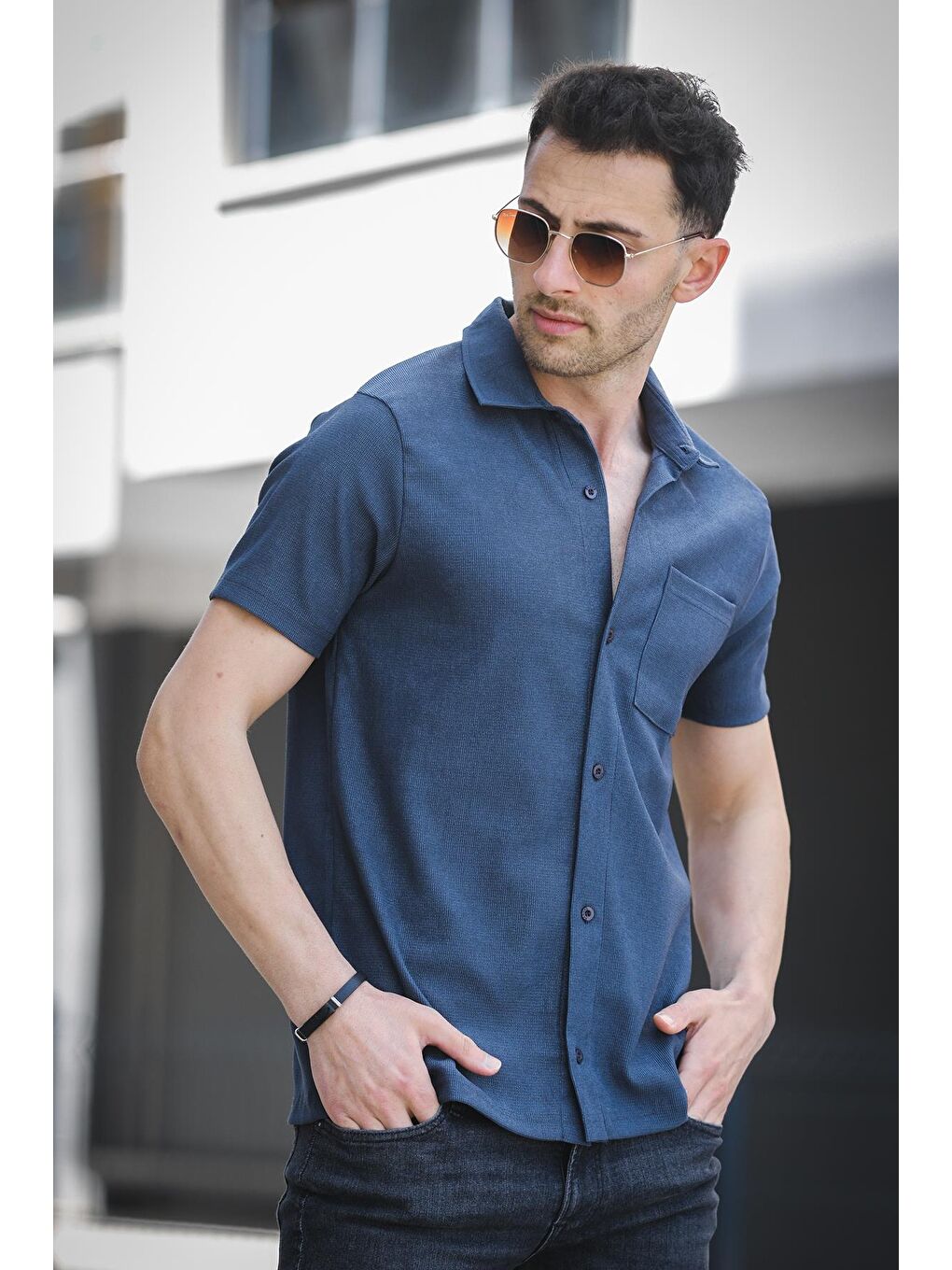 Petrol Theo Slim Fit Esnek Elastanlı Kısa Kol Ayaklı Yaka Erkek Gömlek