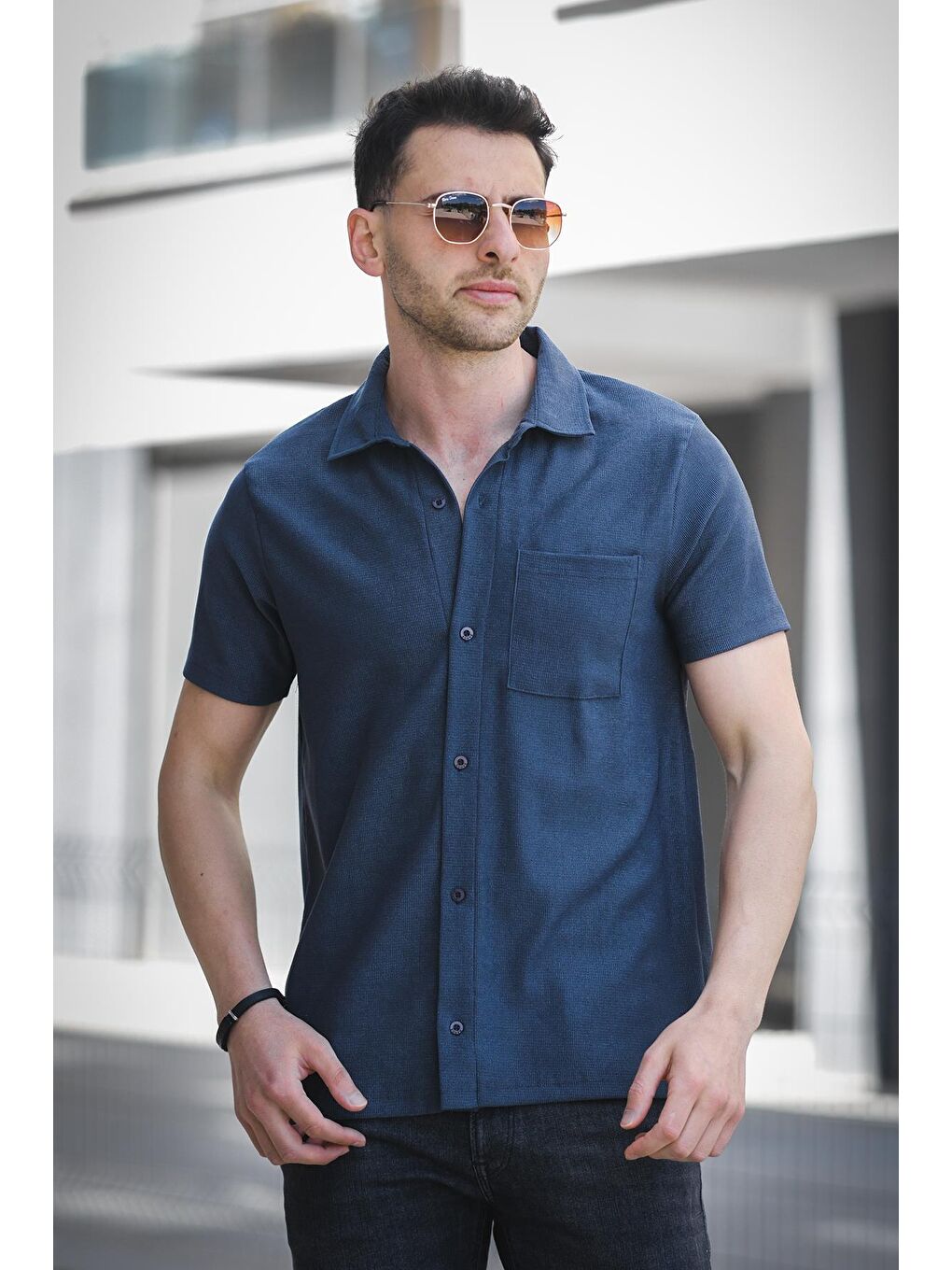 Petrol Theo Slim Fit Esnek Elastanlı Kısa Kol Ayaklı Yaka Erkek Gömlek-2