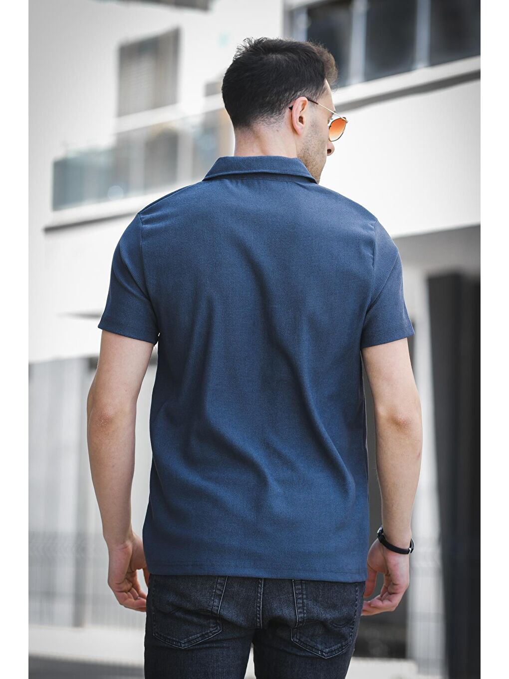 Petrol Theo Slim Fit Esnek Elastanlı Kısa Kol Ayaklı Yaka Erkek Gömlek-3