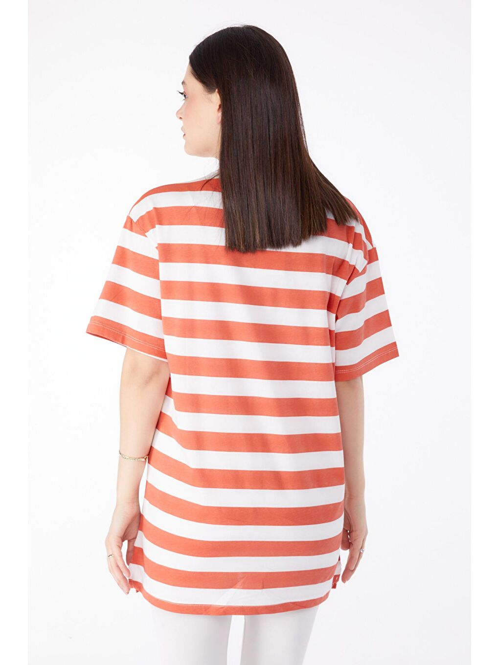 Kahverengi Bisiklet Yaka Kadın Kiremit Çizgili T-Shirt - 25304-9