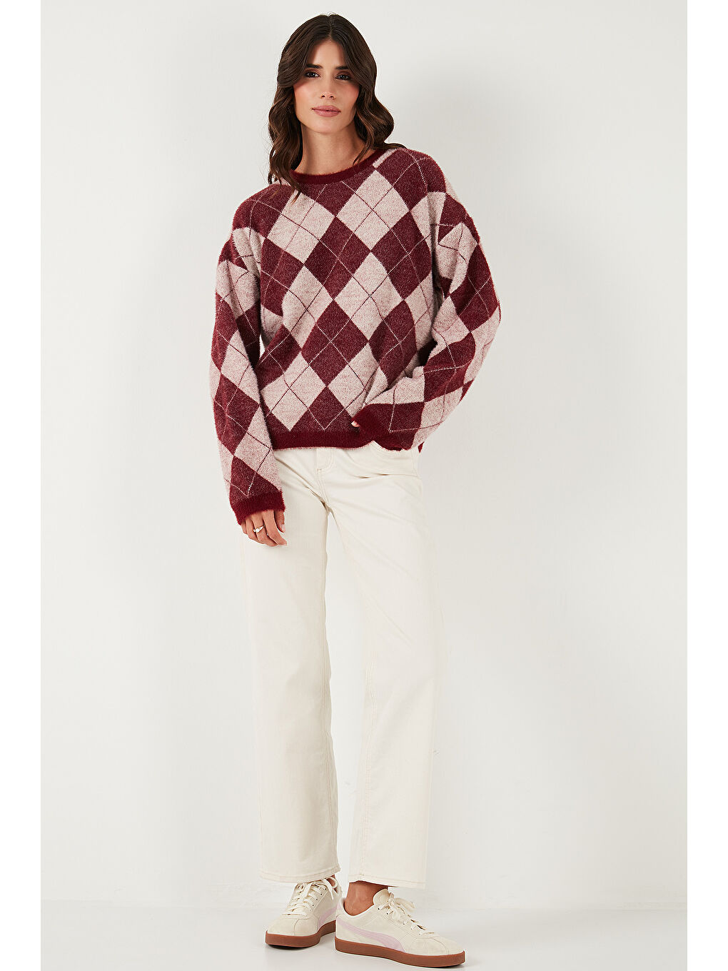 Bordo Baklava Desenli Oversize Bisiklet Yaka Yumuşak Dokulu Kazak 4616262-1