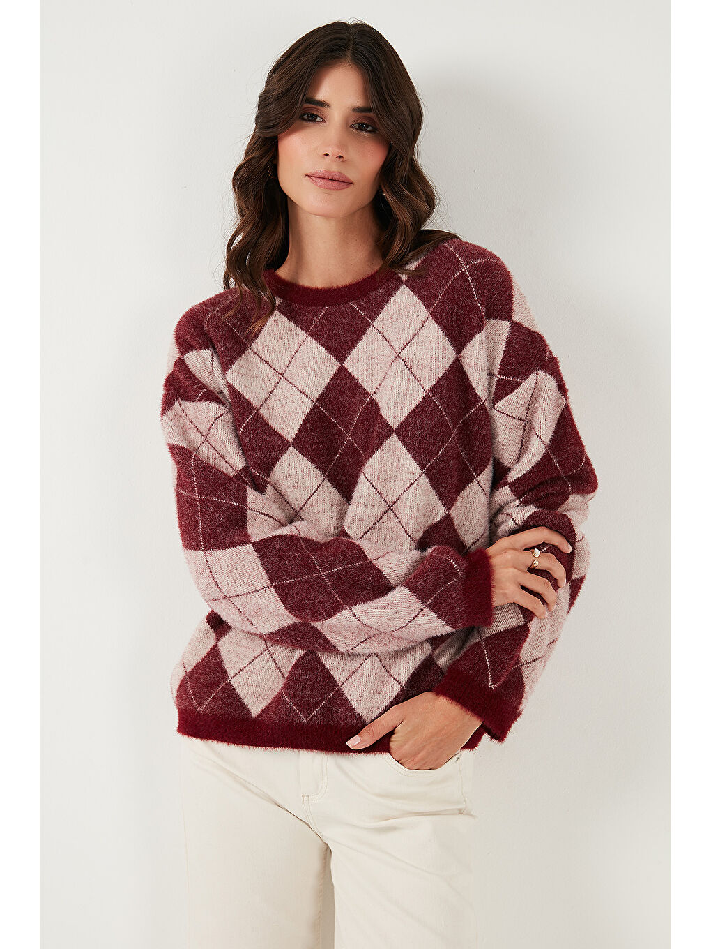 Bordo Baklava Desenli Oversize Bisiklet Yaka Yumuşak Dokulu Kazak 4616262-2