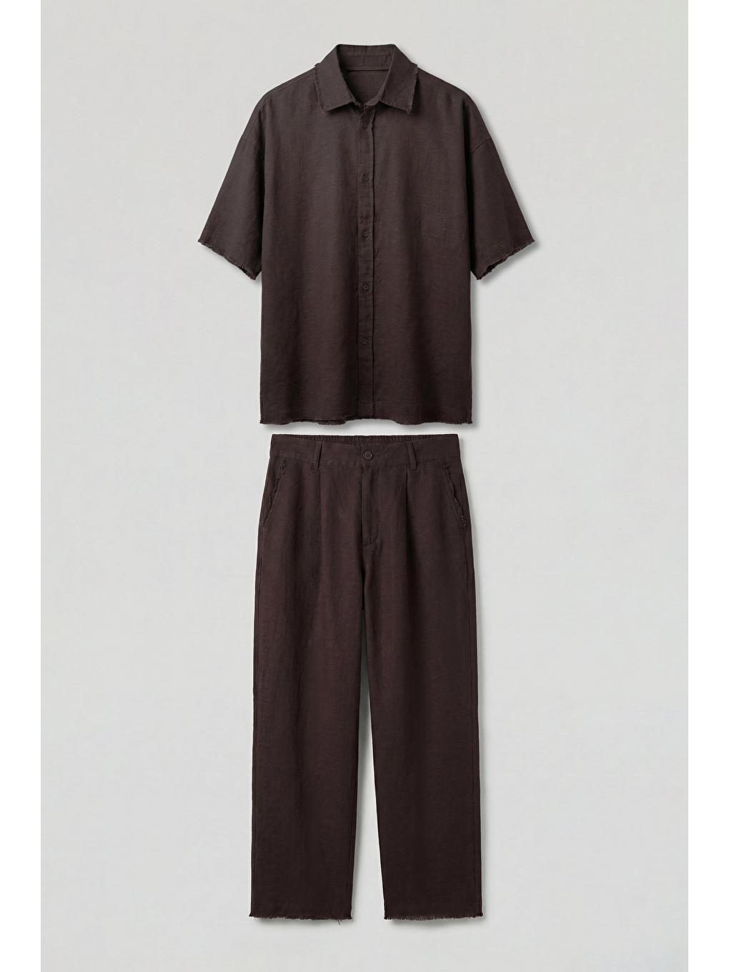 Erkek Oversize Pamuklu Gömlek Pantolon İkili Takım Kahverengi