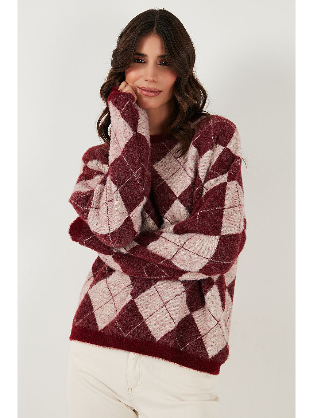 Bordo Baklava Desenli Oversize Bisiklet Yaka Yumuşak Dokulu Kazak 4616262-3