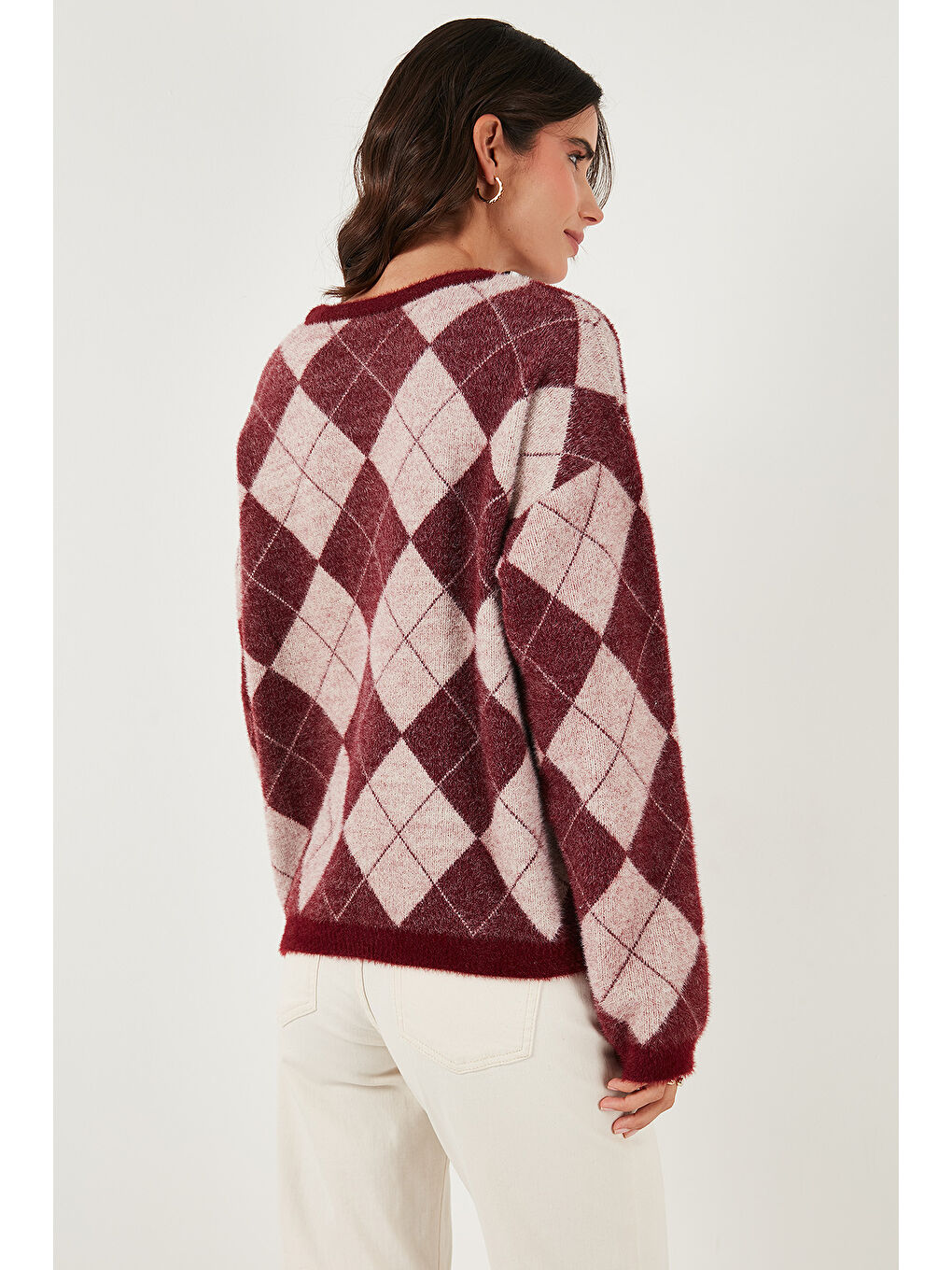 Bordo Baklava Desenli Oversize Bisiklet Yaka Yumuşak Dokulu Kazak 4616262-5