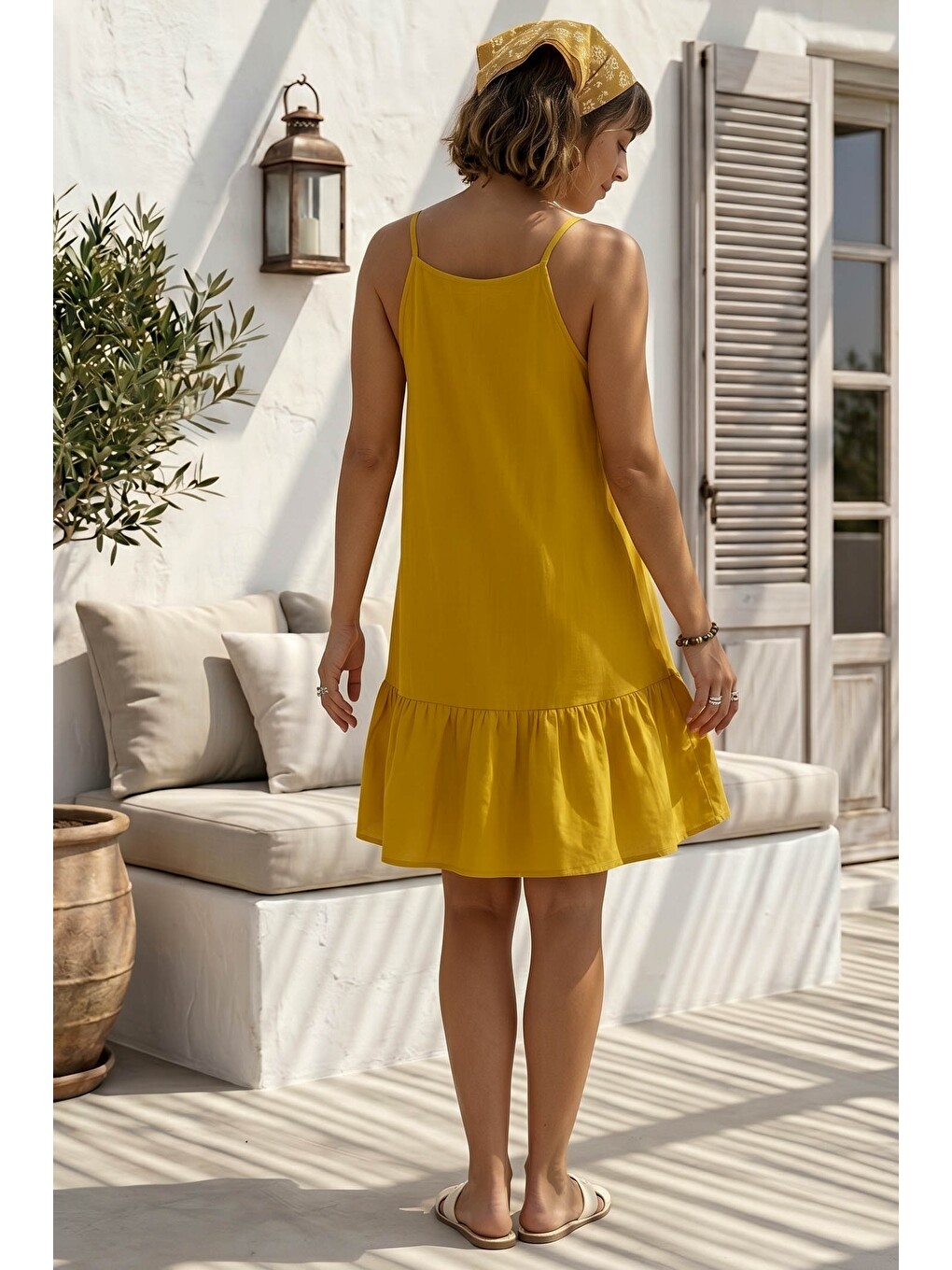 Sarı Hardal Eteği Fırfırlı Ayarlanabilir Askılı Casual Viskon Standart Dokuma Elbise 95 64-5