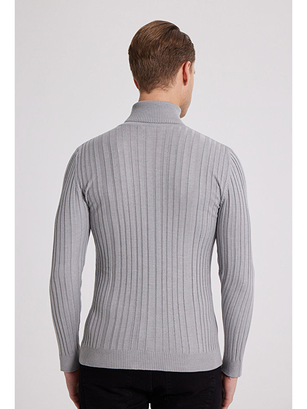 Slim Fit Gri Fitilli Pamuk Karışımlı Boğazlı Triko Kazak-2