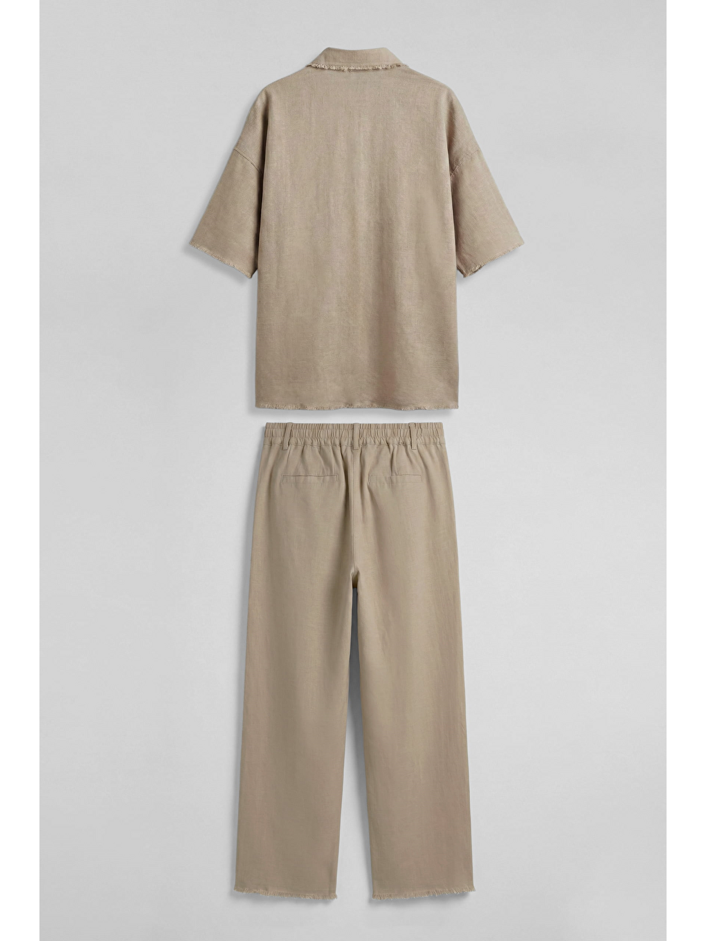 Erkek Oversize Pamuklu Gömlek Pantolon İkili Takım Bej-1