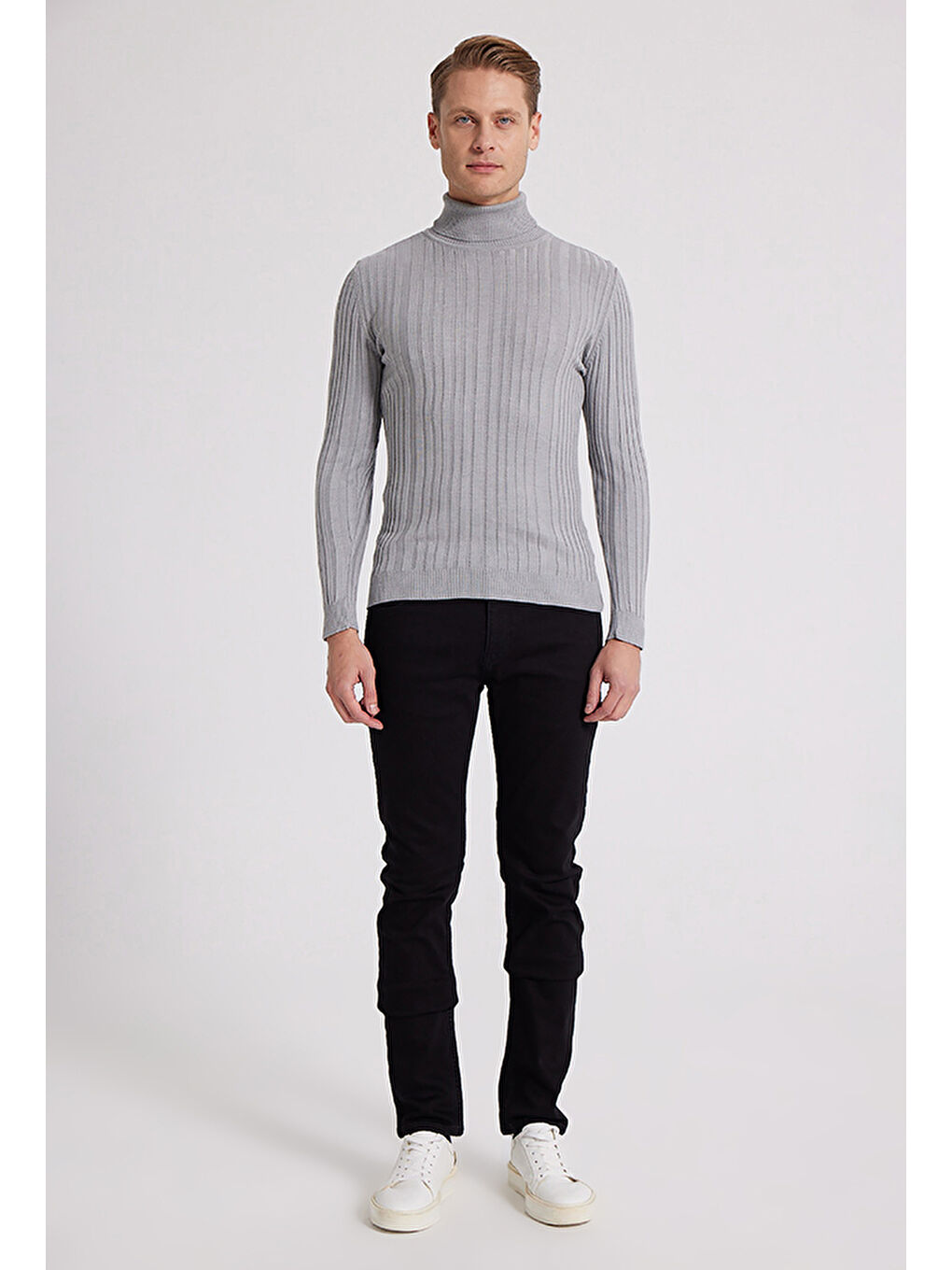 Slim Fit Gri Fitilli Pamuk Karışımlı Boğazlı Triko Kazak-3