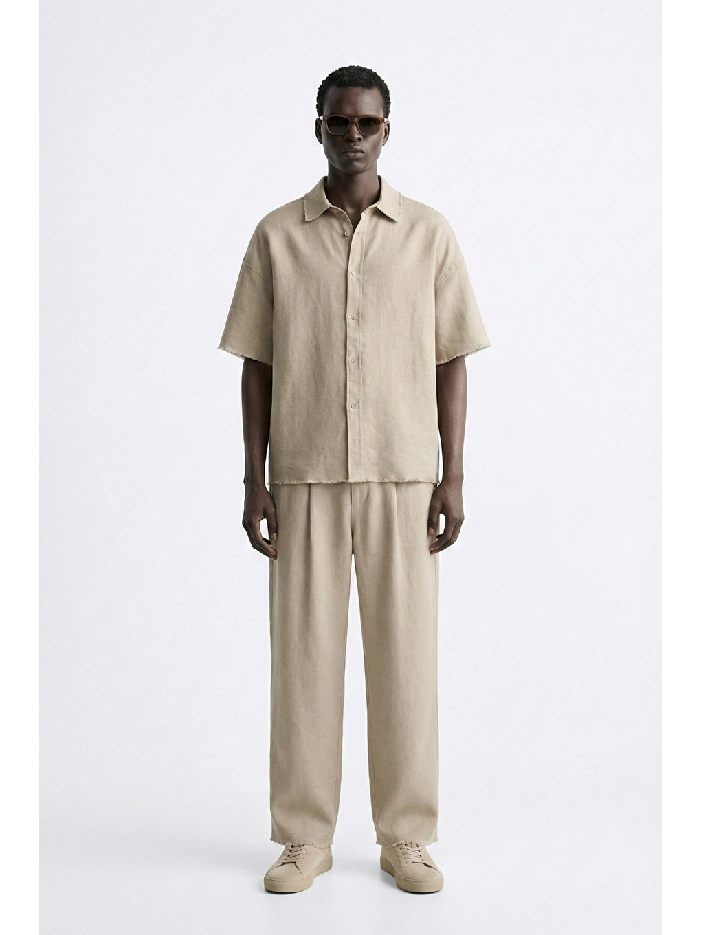 Erkek Oversize Pamuklu Gömlek Pantolon İkili Takım Bej-2