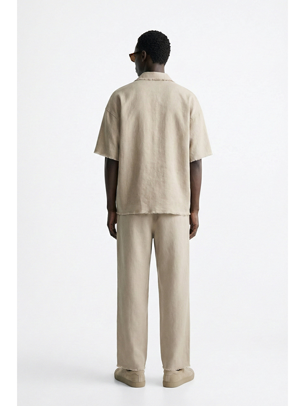 Erkek Oversize Pamuklu Gömlek Pantolon İkili Takım Bej-3