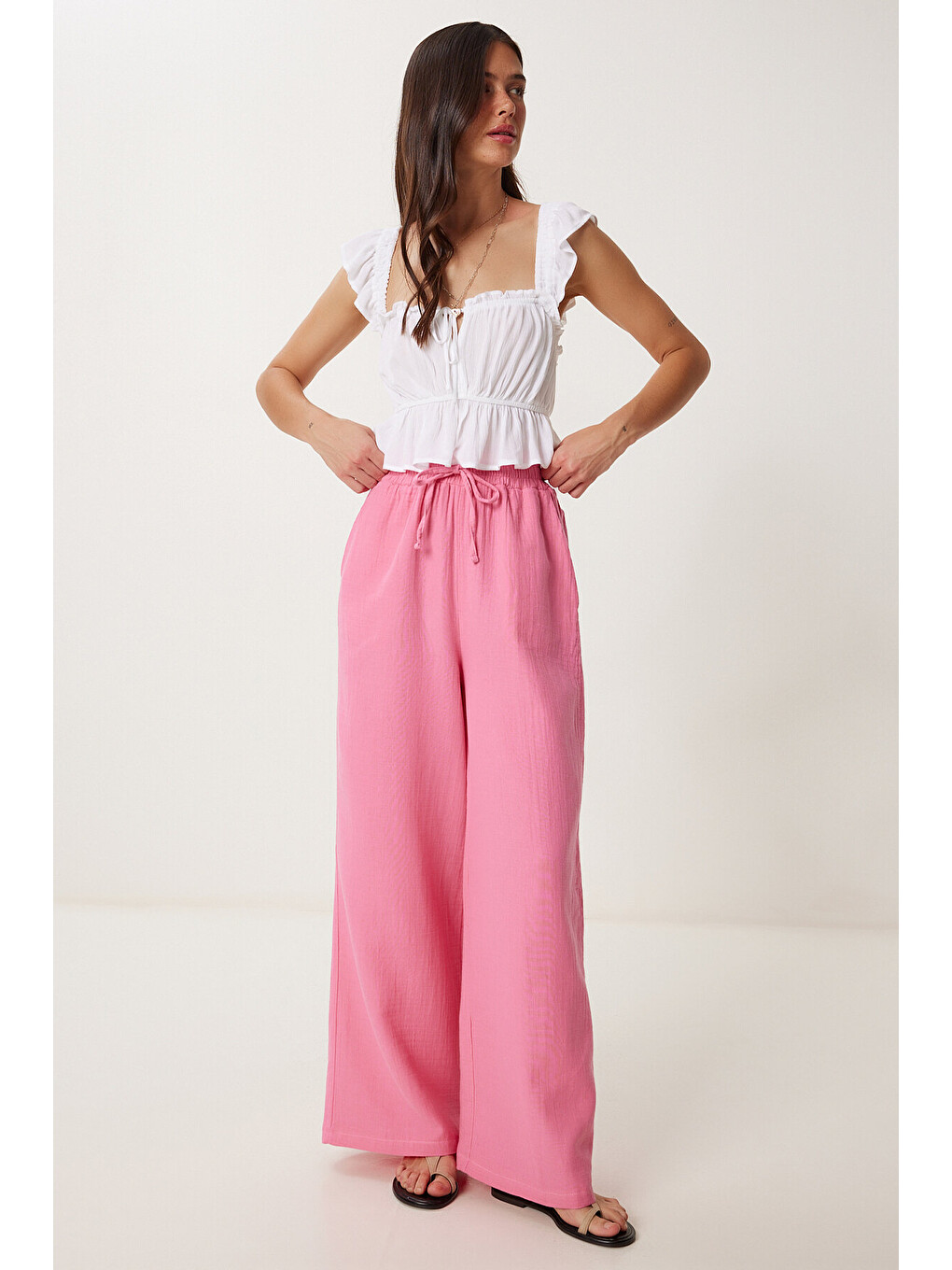 Müslin Palazzo Pantolon Pembe Lmx0008-1