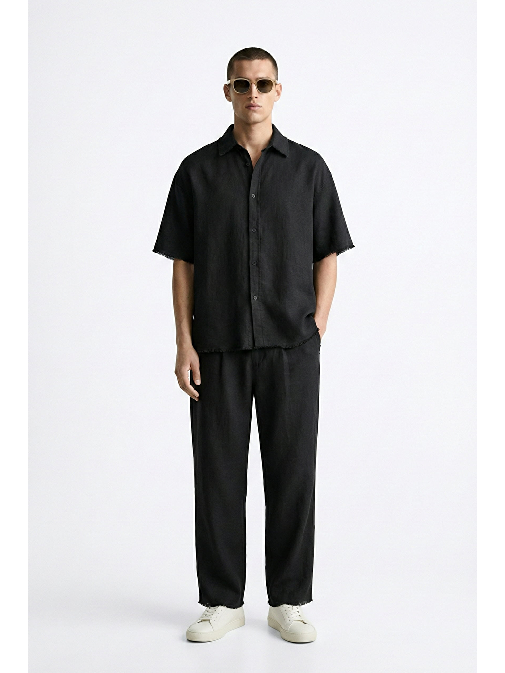 Erkek Oversize Pamuklu Gömlek Pantolon İkili Takım Siyah-2