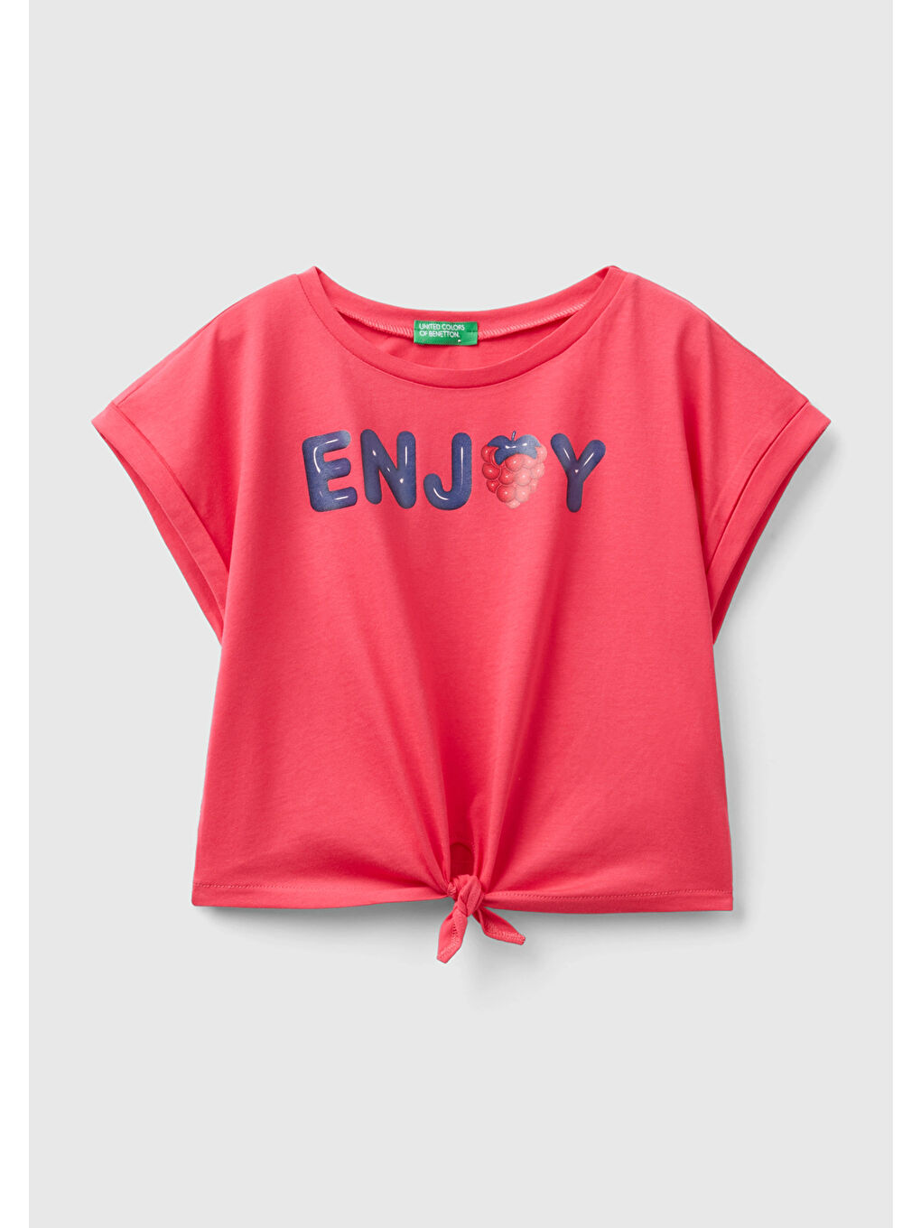 United Colors Of Benetton Fuşya Kız Çocuk Fuşya Önü Slogan Baskılı Fiyonk Detaylı Bisiklet Yaka Crop T-Shirt