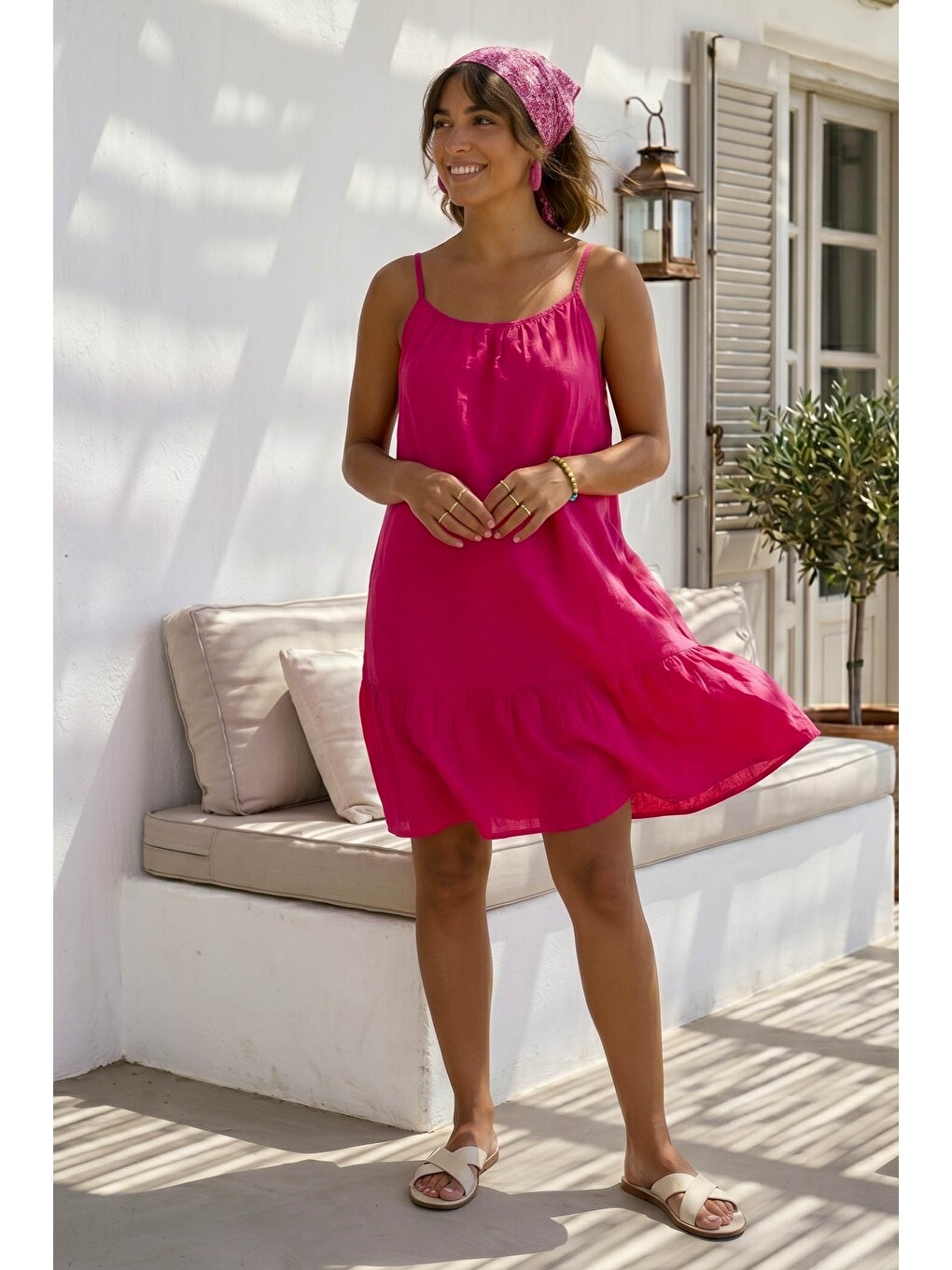 Fuşya Eteği Fırfırlı Ayarlanabilir Askılı Casual Viskon Standart Dokuma Elbise 95 64-4