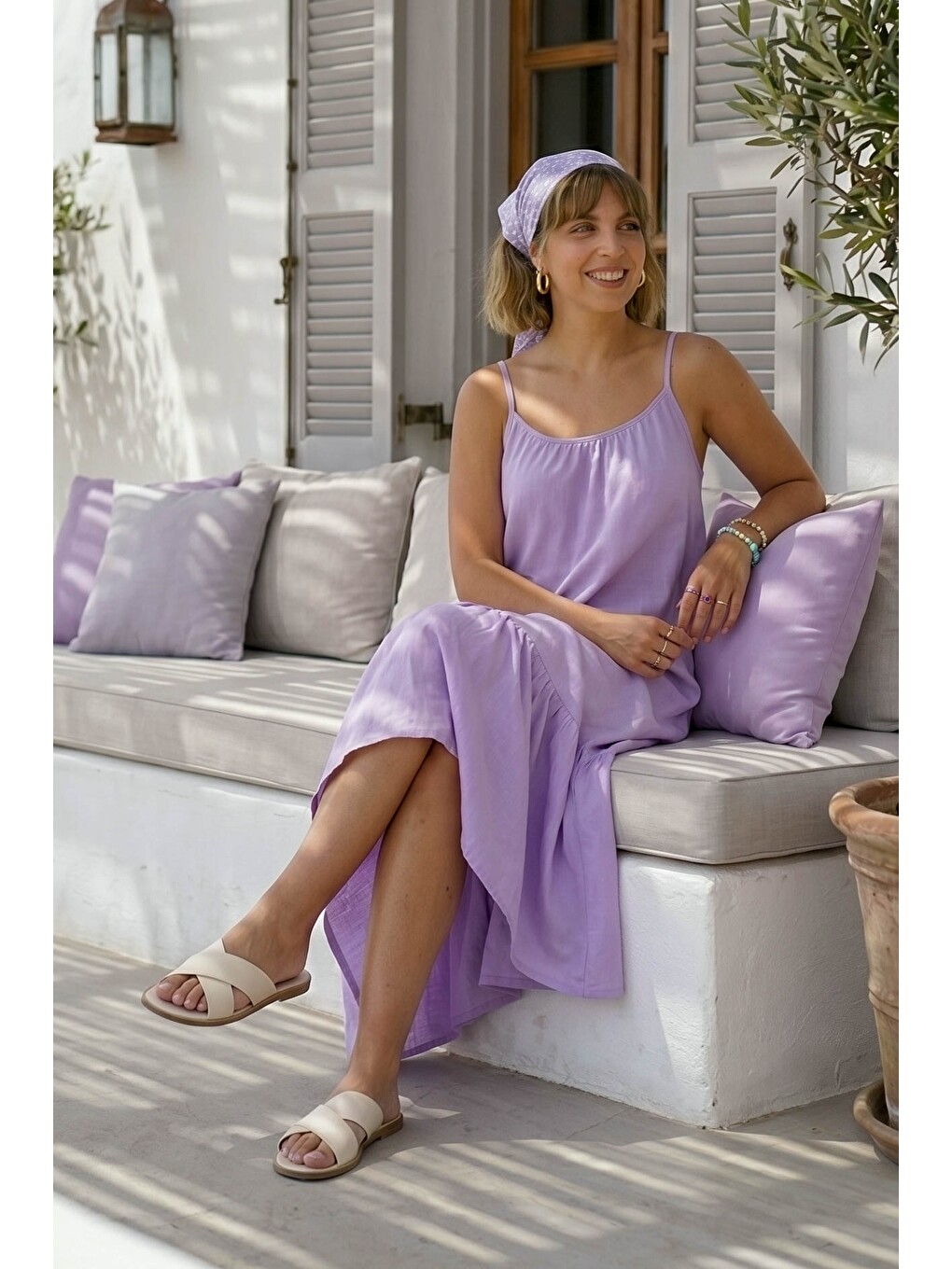 Lila Eteği Fırfırlı Ayarlanabilir Askılı Casual Viskon Standart Dokuma Elbise 130 64-4