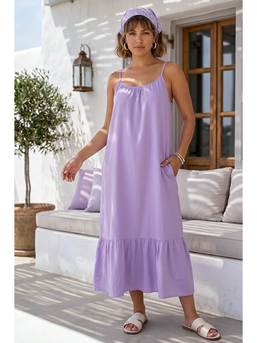 Lila Eteği Fırfırlı Ayarlanabilir Askılı Casual Viskon Standart Dokuma Elbise 130 64-5
