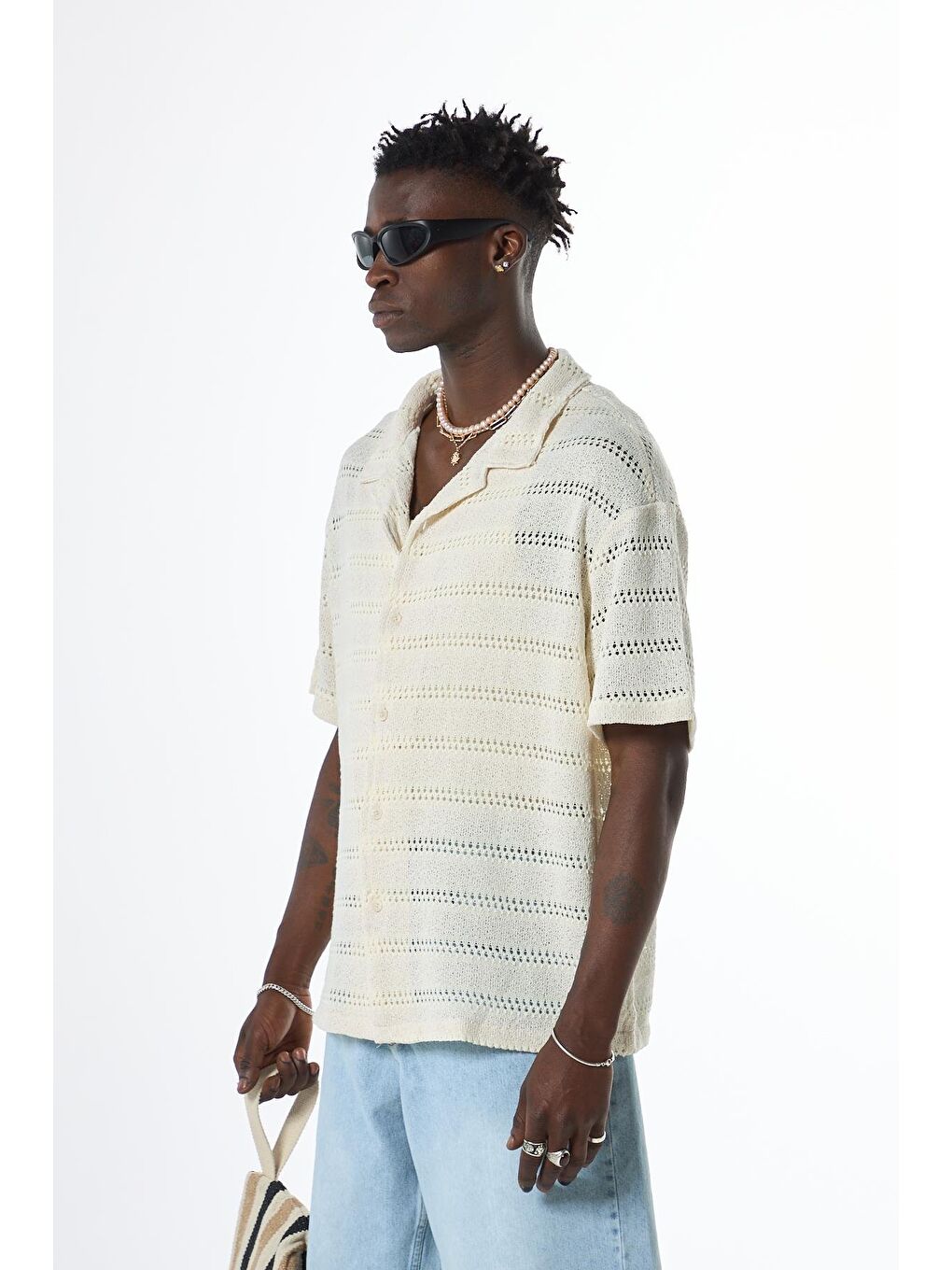 Oversize Triko Gömlek Ekru-4