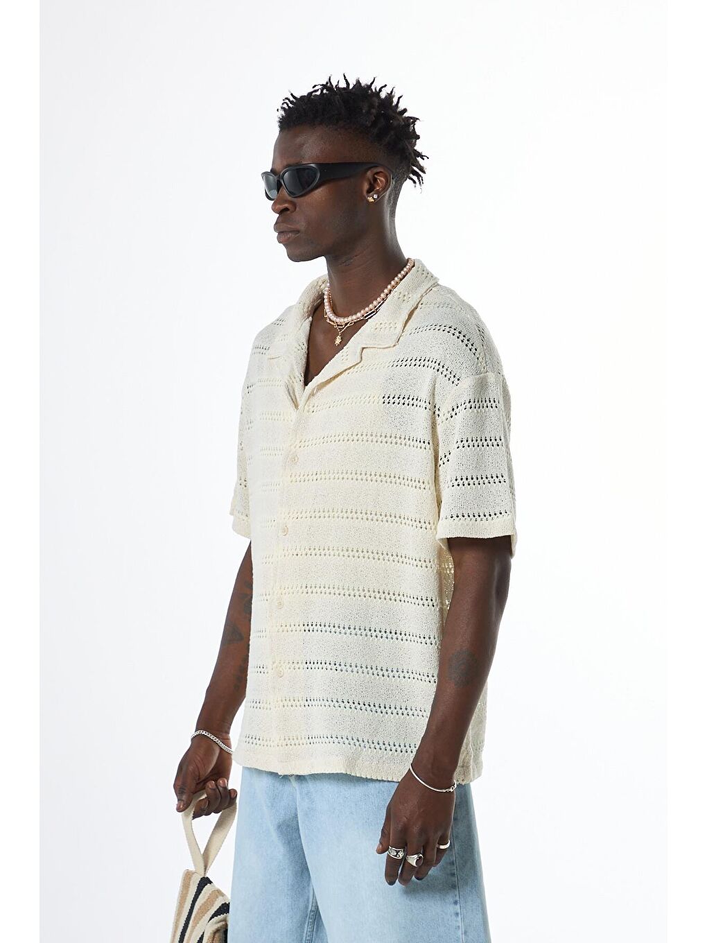 Oversize Triko Gömlek Ekru-6