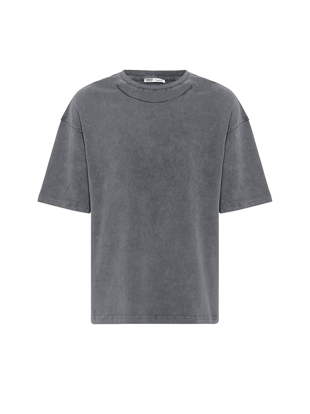 Gri Yıkamalı Zincir Detaylı Oversize Tişört Füme-1