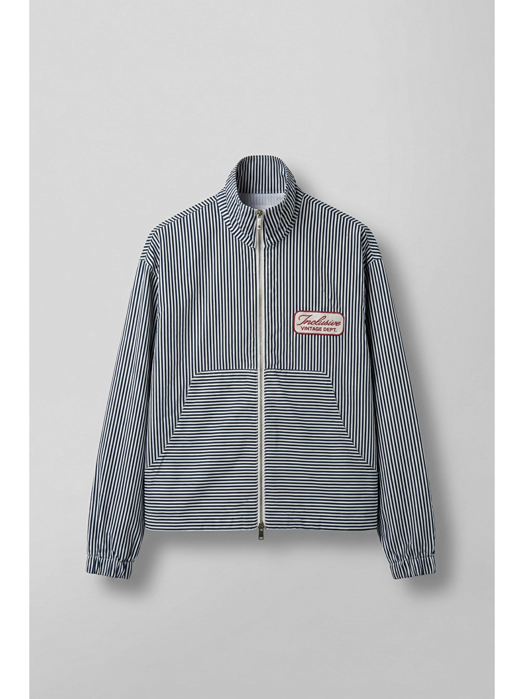 Erkek Rahat Kesim Çizgili Fermuarlı Dik Yaka Vintage Ceket Lacivert