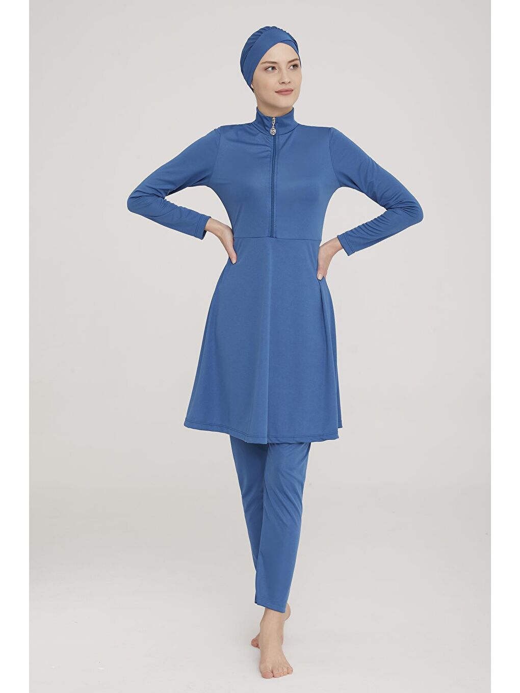 Likralı Tam Kapalı Tesettür Mayo Maysız Düz 9020 Petrol-2