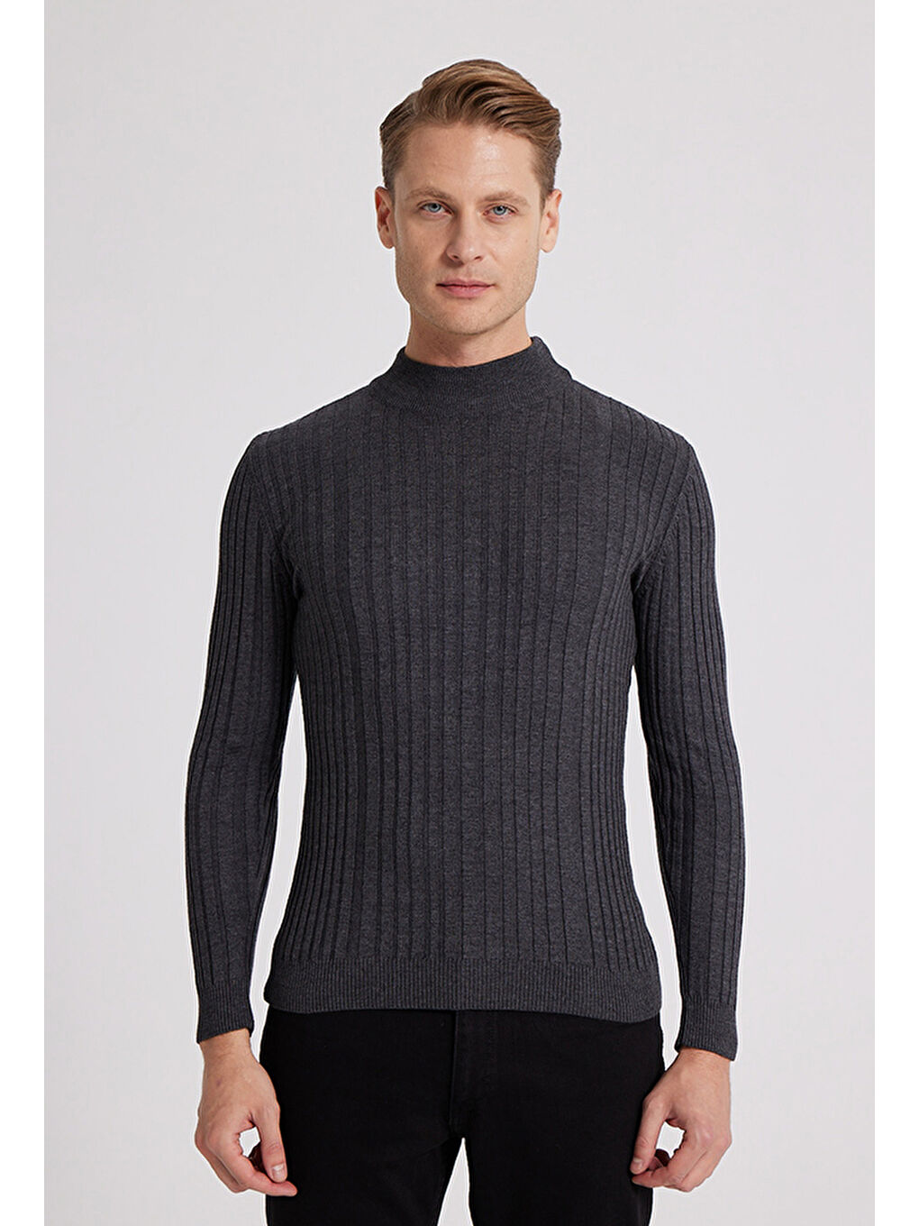 Slim Fit Antrasit Fitilli Pamuk Karışımlı Boğazlı Triko Kazak-1