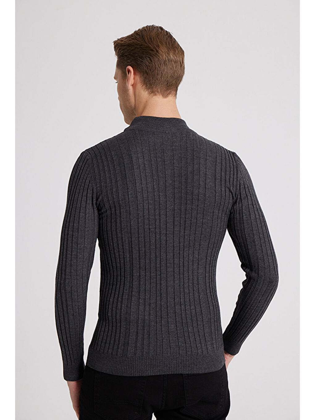 Slim Fit Antrasit Fitilli Pamuk Karışımlı Boğazlı Triko Kazak-3