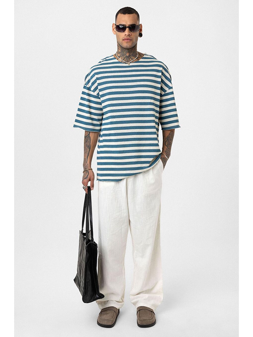 Çizgili Oversize Triko Tişört Petrol