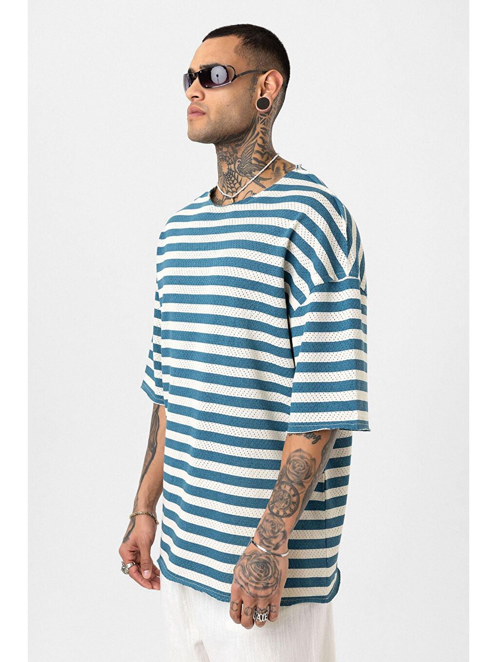 Çizgili Oversize Triko Tişört Petrol-3