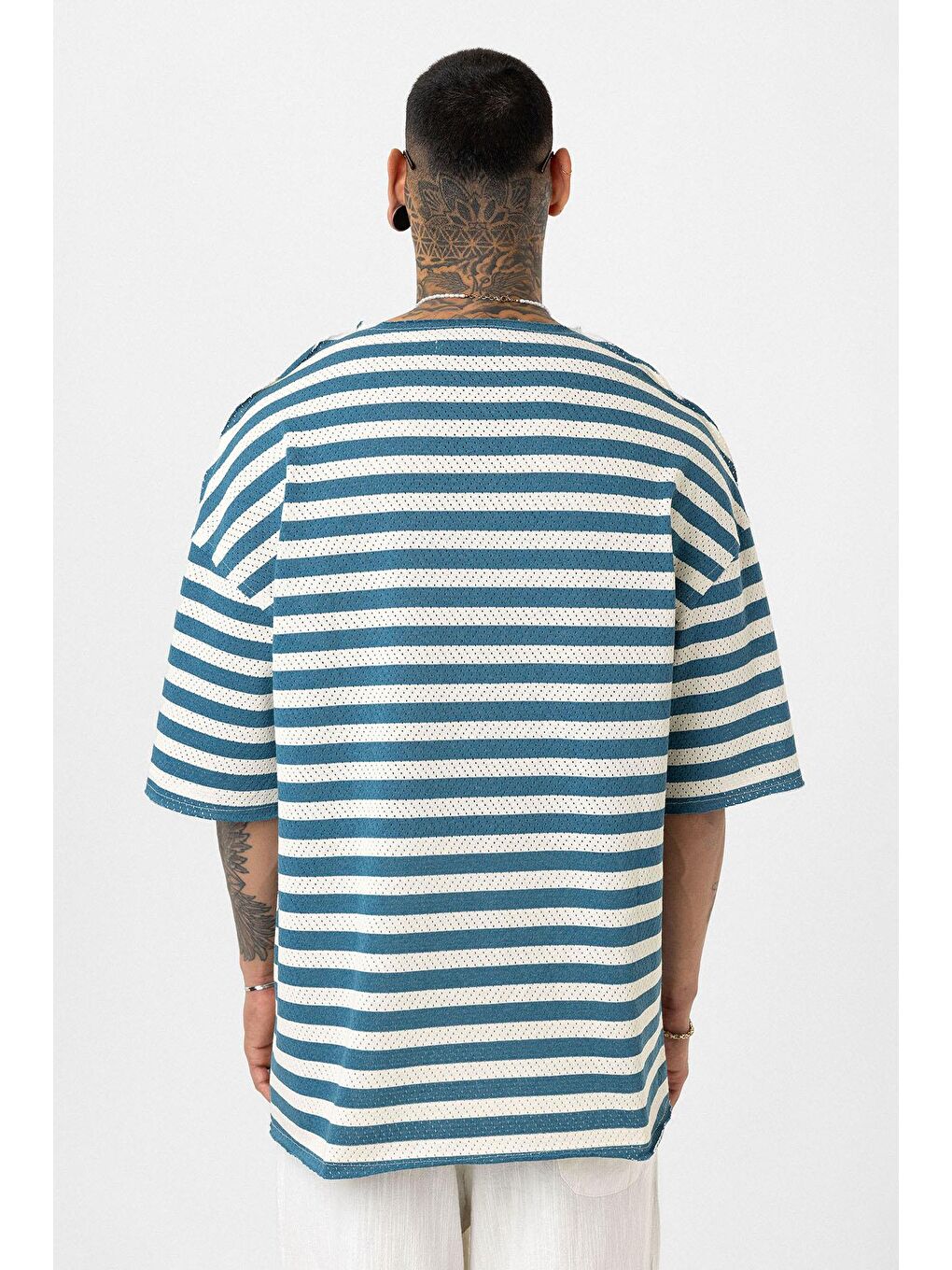 Çizgili Oversize Triko Tişört Petrol-4