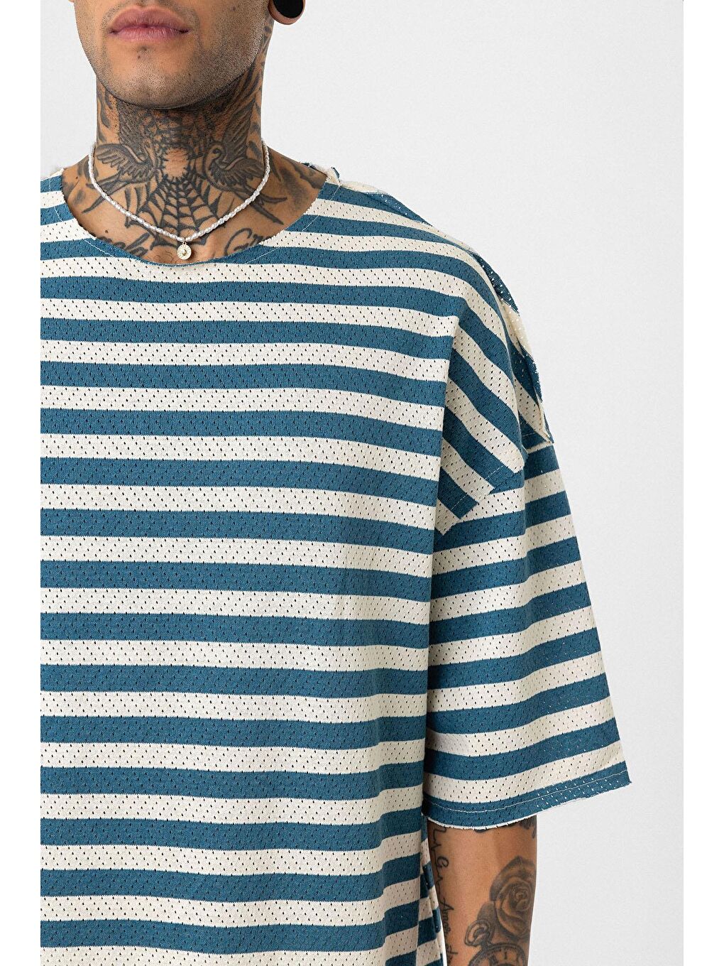 Çizgili Oversize Triko Tişört Petrol-5