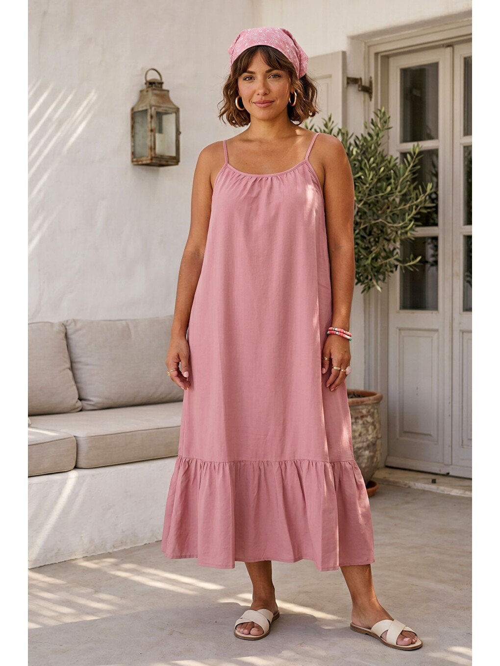Pastel Pembe Eteği Fırfırlı Ayarlanabilir Askılı Casual Viskon Standart Dokuma Elbise 130 64-2