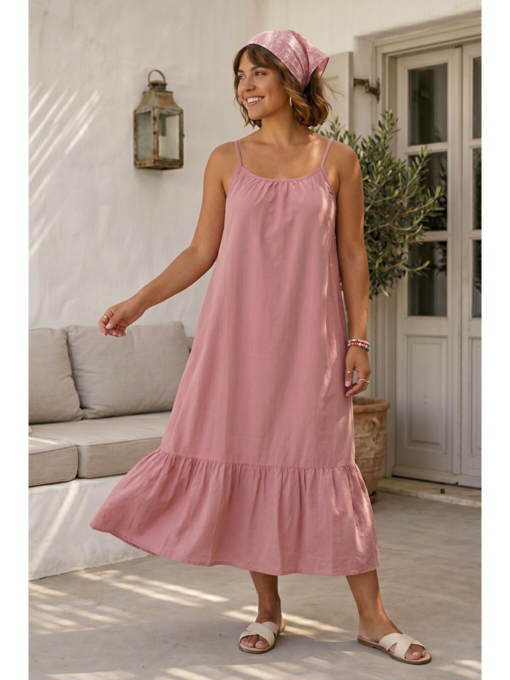 Pastel Pembe Eteği Fırfırlı Ayarlanabilir Askılı Casual Viskon Standart Dokuma Elbise 130 64-3
