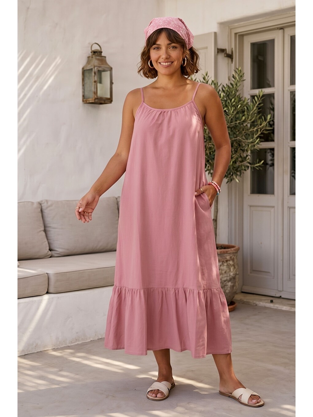 Pastel Pembe Eteği Fırfırlı Ayarlanabilir Askılı Casual Viskon Standart Dokuma Elbise 130 64-5
