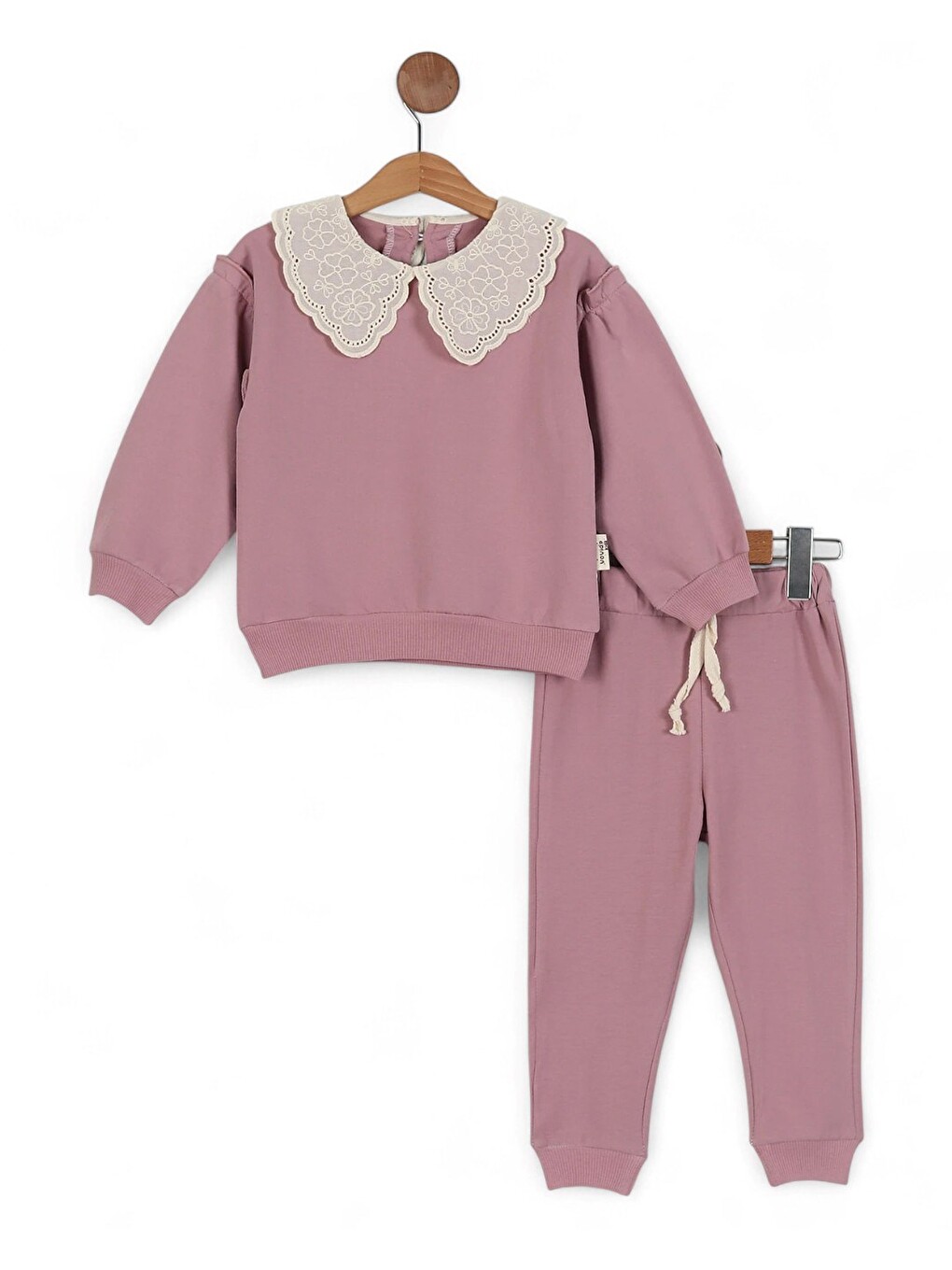 Pembe Kız Çocuk Basic Mevsimlik Brode Dantel Yakalı, %100 Pamuklu Kolu Fırfırlı-1