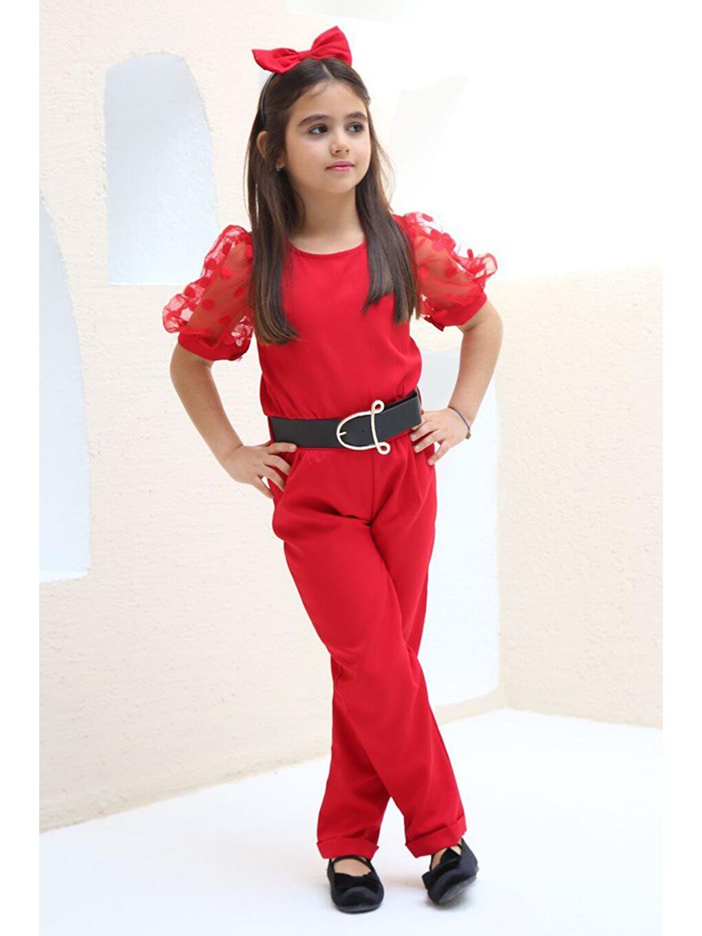 Kız Çocuk Puantiyeli Detaylı İnci Düğmeli Kısa Kollu Taçlı ve Kemerli Kırmızı Tulum 3-12