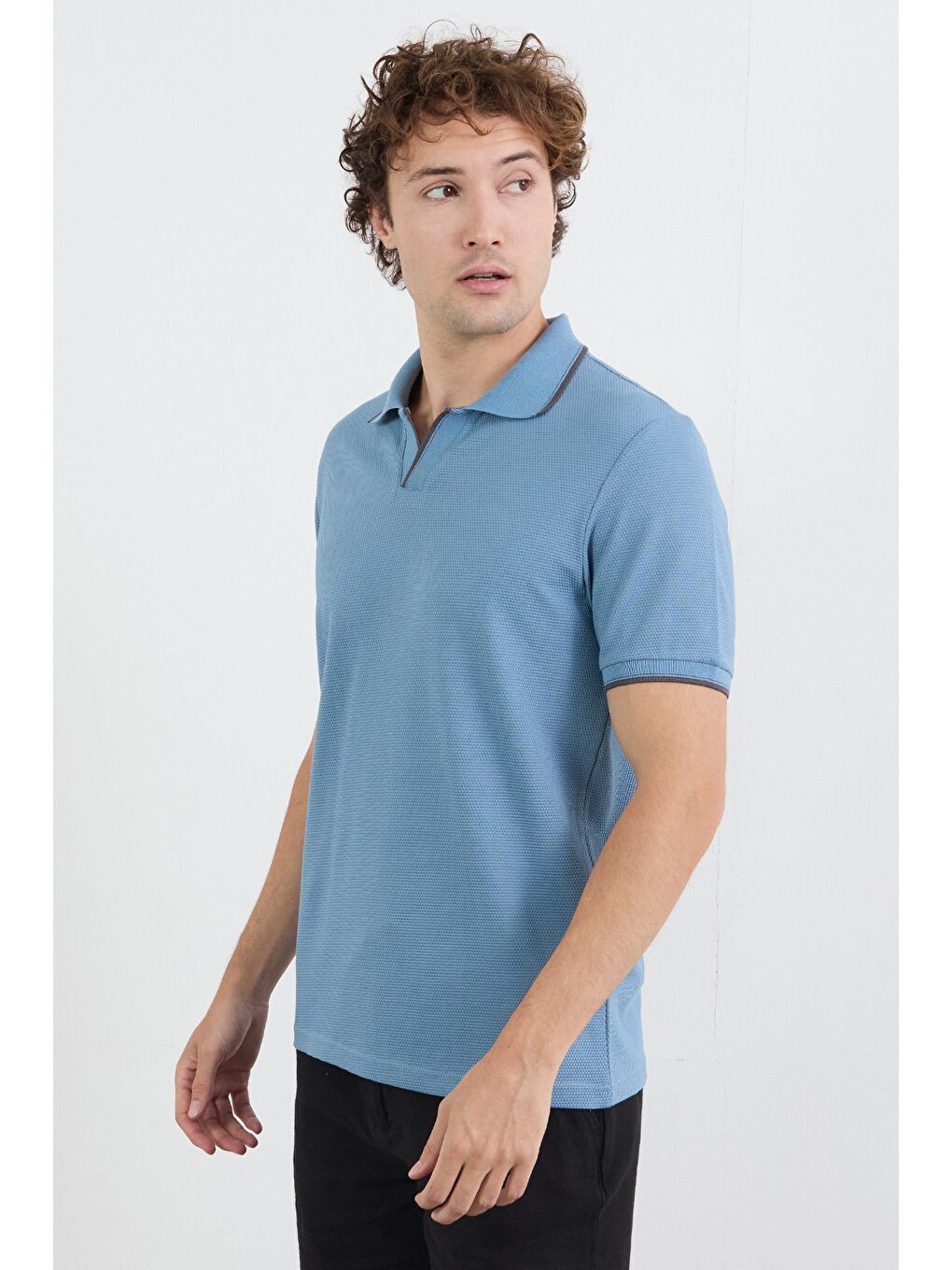 Mavi Çizgili Waffle Kumaş Polo Yaka Tişört-2