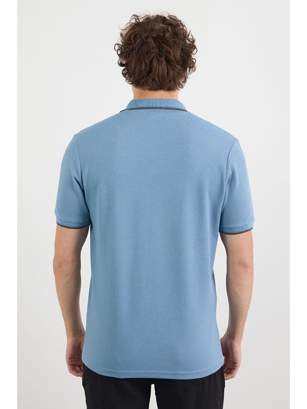 Mavi Çizgili Waffle Kumaş Polo Yaka Tişört-3