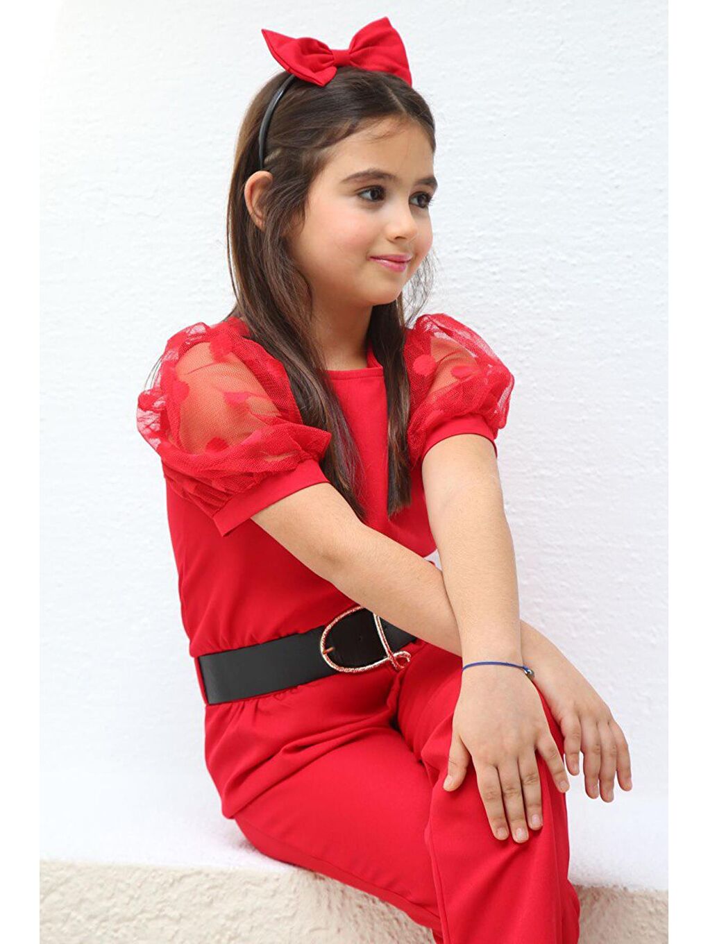 Kız Çocuk Puantiyeli Detaylı İnci Düğmeli Kısa Kollu Taçlı ve Kemerli Kırmızı Tulum 3-12-1