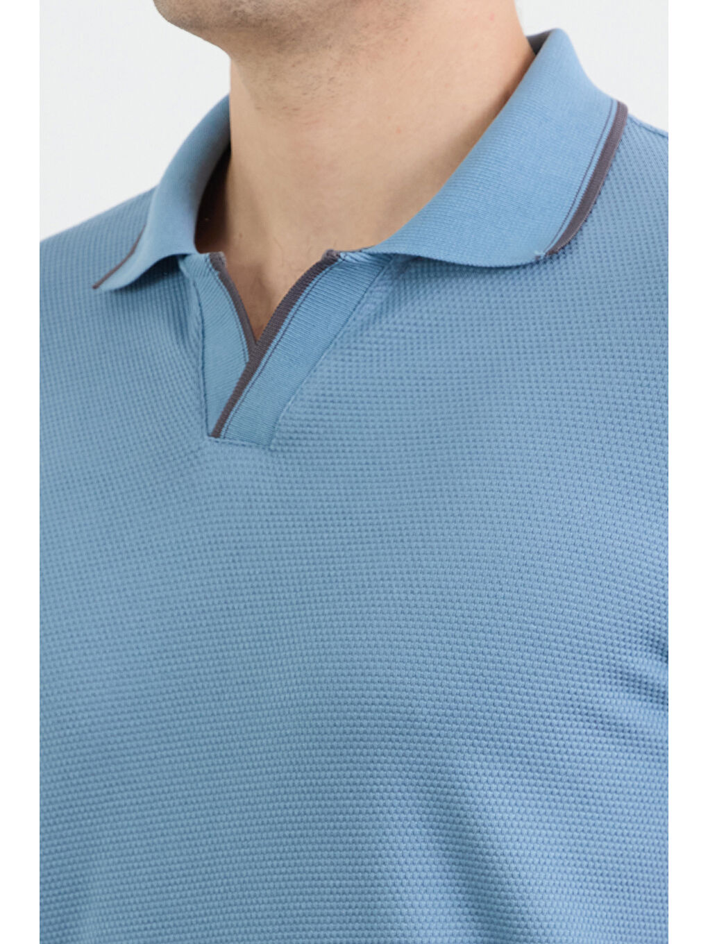 Mavi Çizgili Waffle Kumaş Polo Yaka Tişört-4