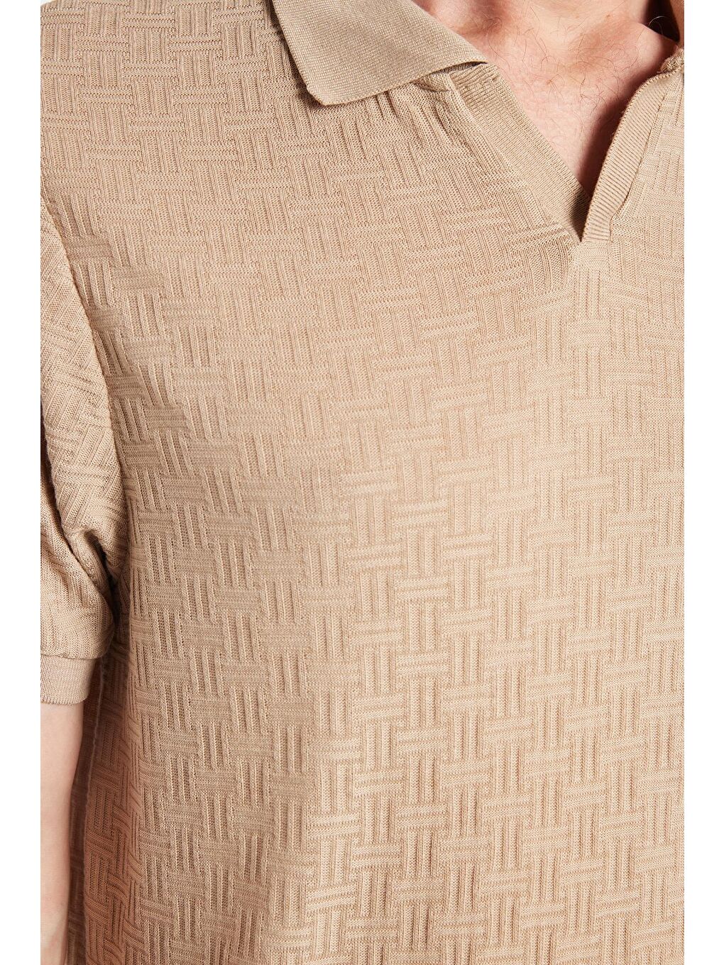 Bej Erkek Slim Fit Dar Kesim Viskon Kumaş Desenli Düz Pike Düğmesiz Vizon Polo Yaka Tişört-2