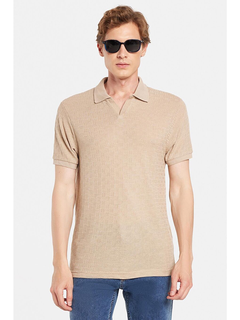 Bej Erkek Slim Fit Dar Kesim Viskon Kumaş Desenli Düz Pike Düğmesiz Vizon Polo Yaka Tişört-3